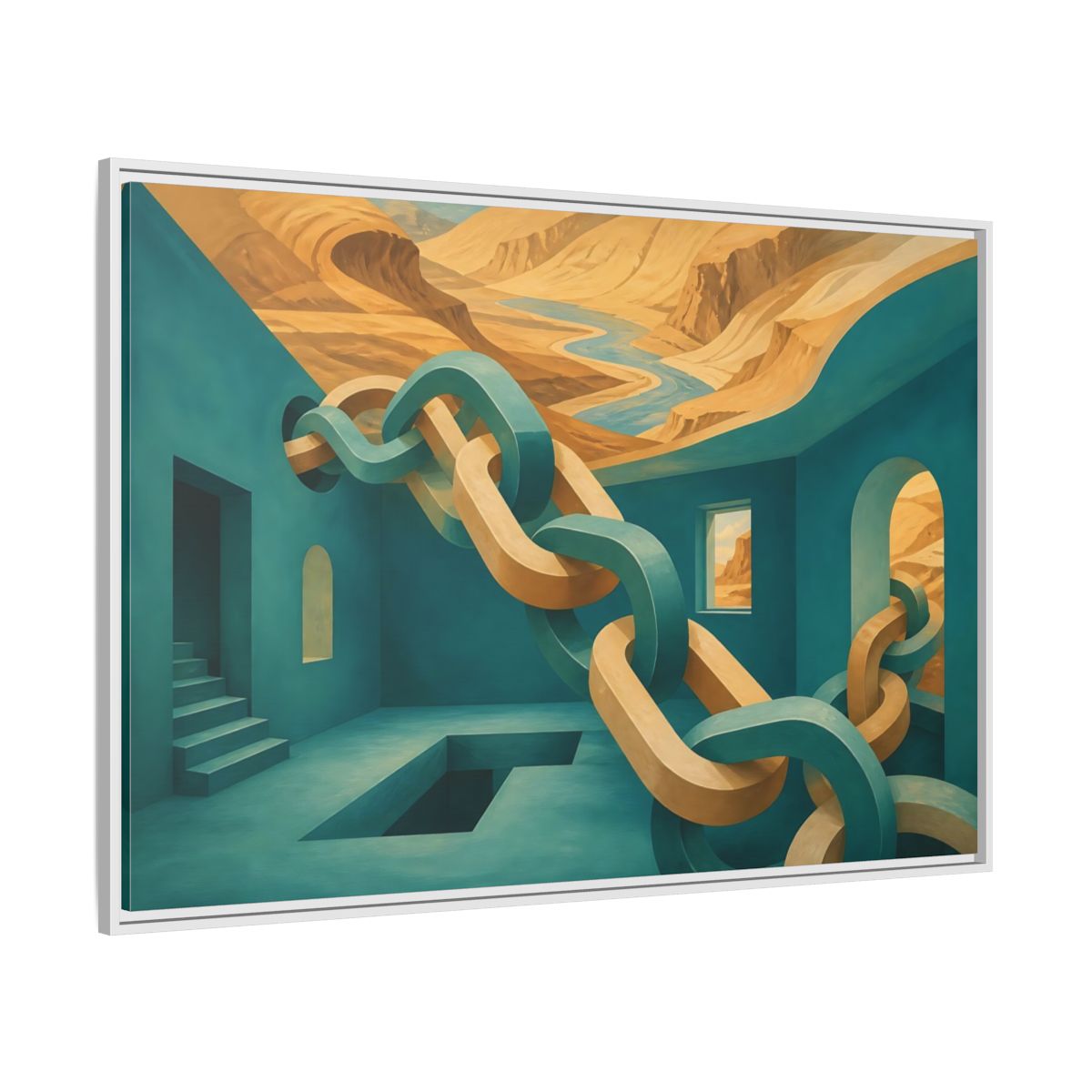 Side Mockup 7. Teal Room Chain Illusion shown as framed canvas print