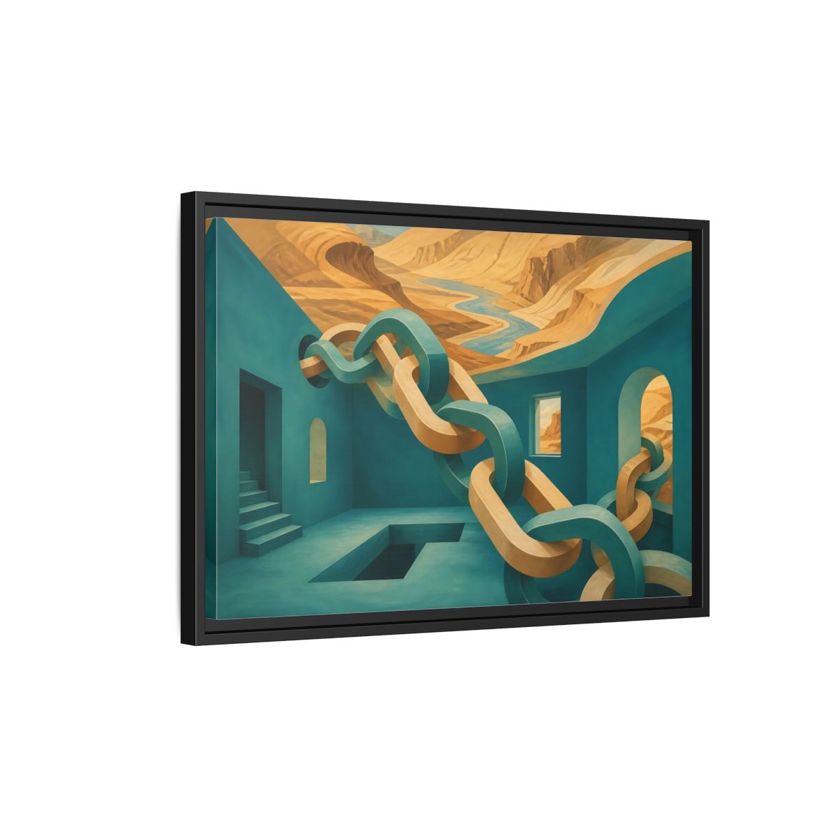 Side Mockup 3. Teal Room Chain Illusion shown as framed canvas print