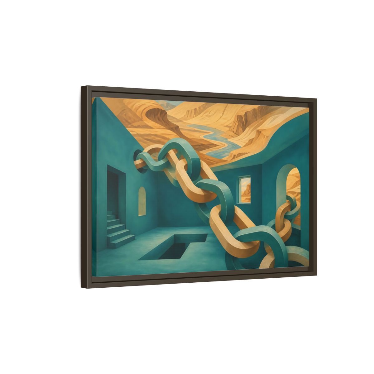 Side Mockup 2. Teal Room Chain Illusion shown as framed canvas print