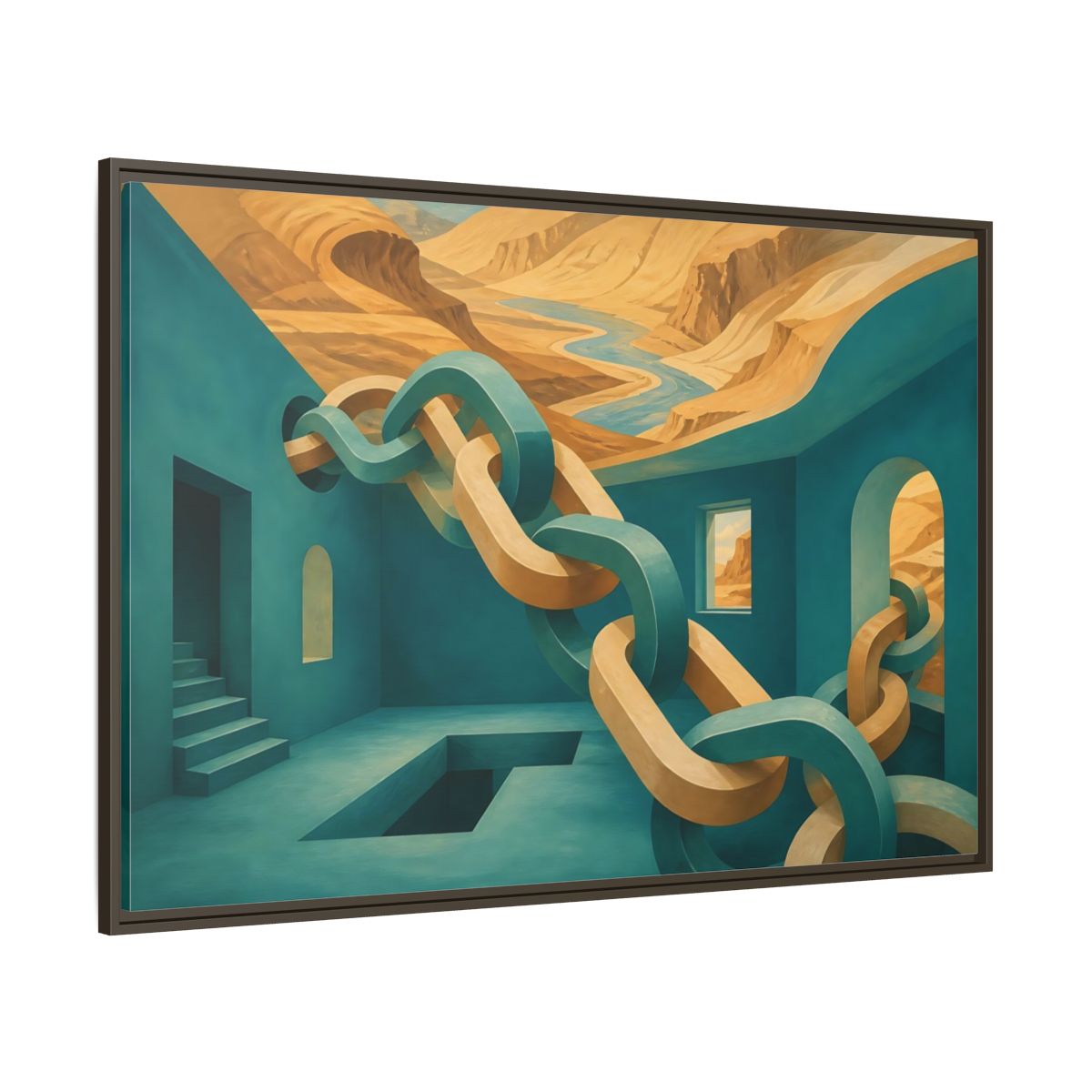 Side Mockup 8. Teal Room Chain Illusion shown as framed canvas print