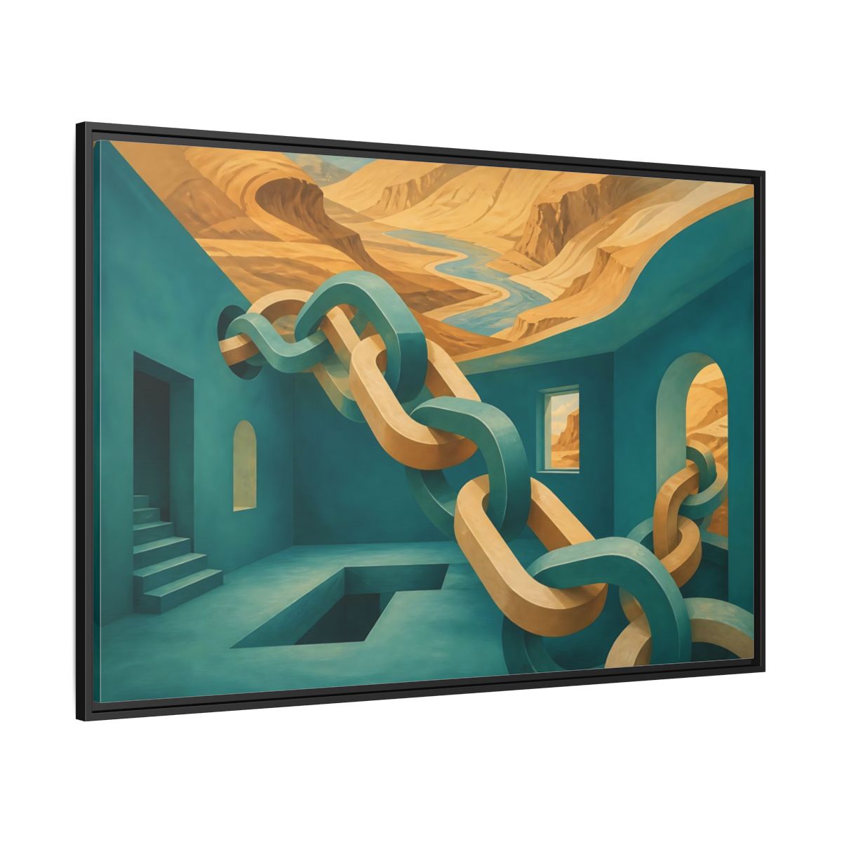 Side Mockup 12. Teal Room Chain Illusion shown as framed canvas print