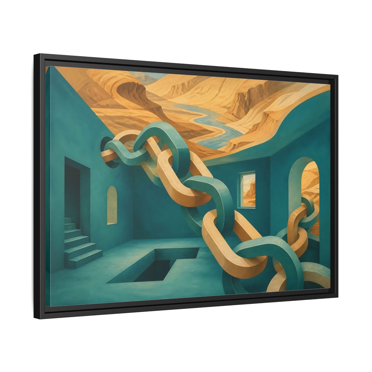 Side Mockup 14. Teal Room Chain Illusion shown as framed canvas print