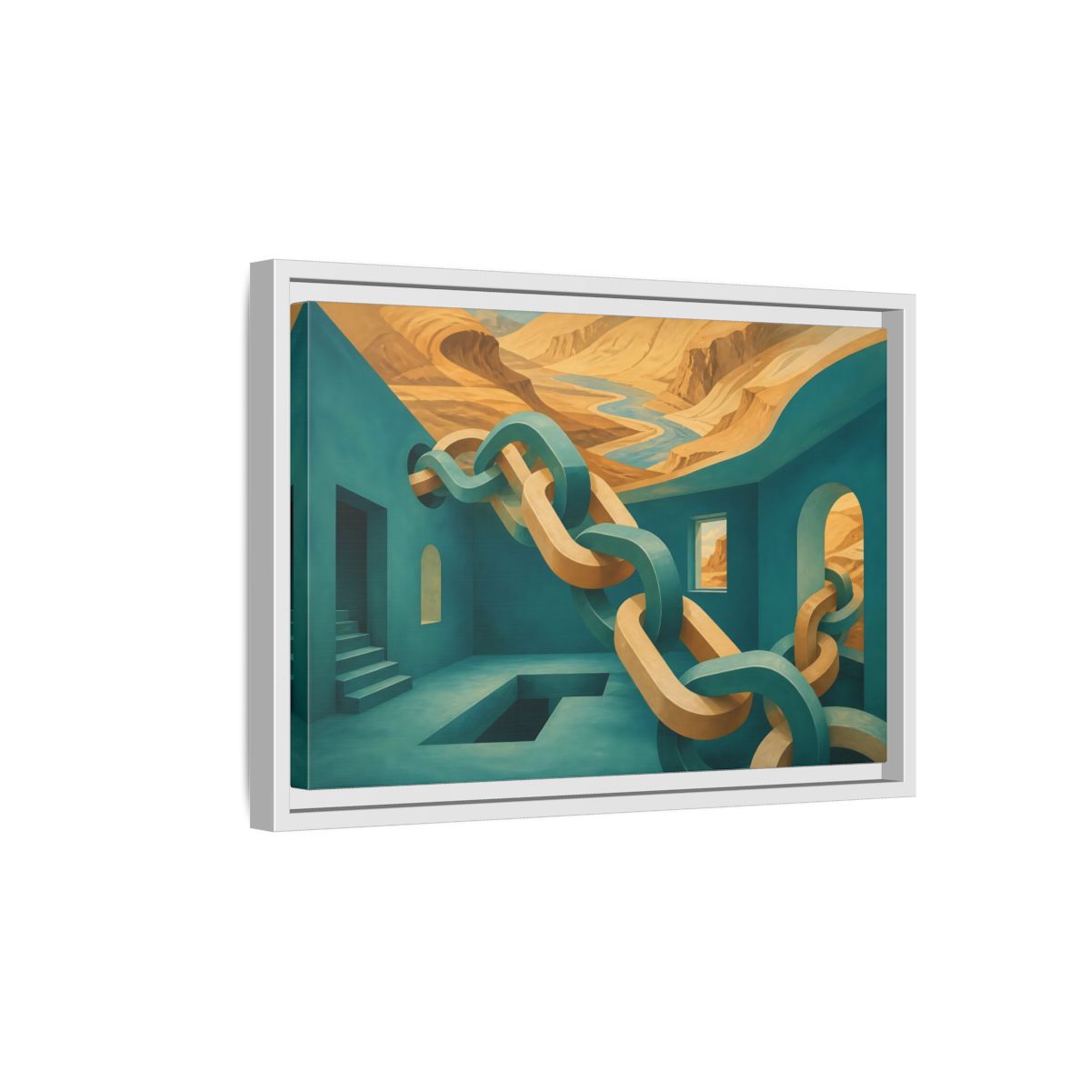 Side Mockup 4. Teal Room Chain Illusion shown as framed canvas print