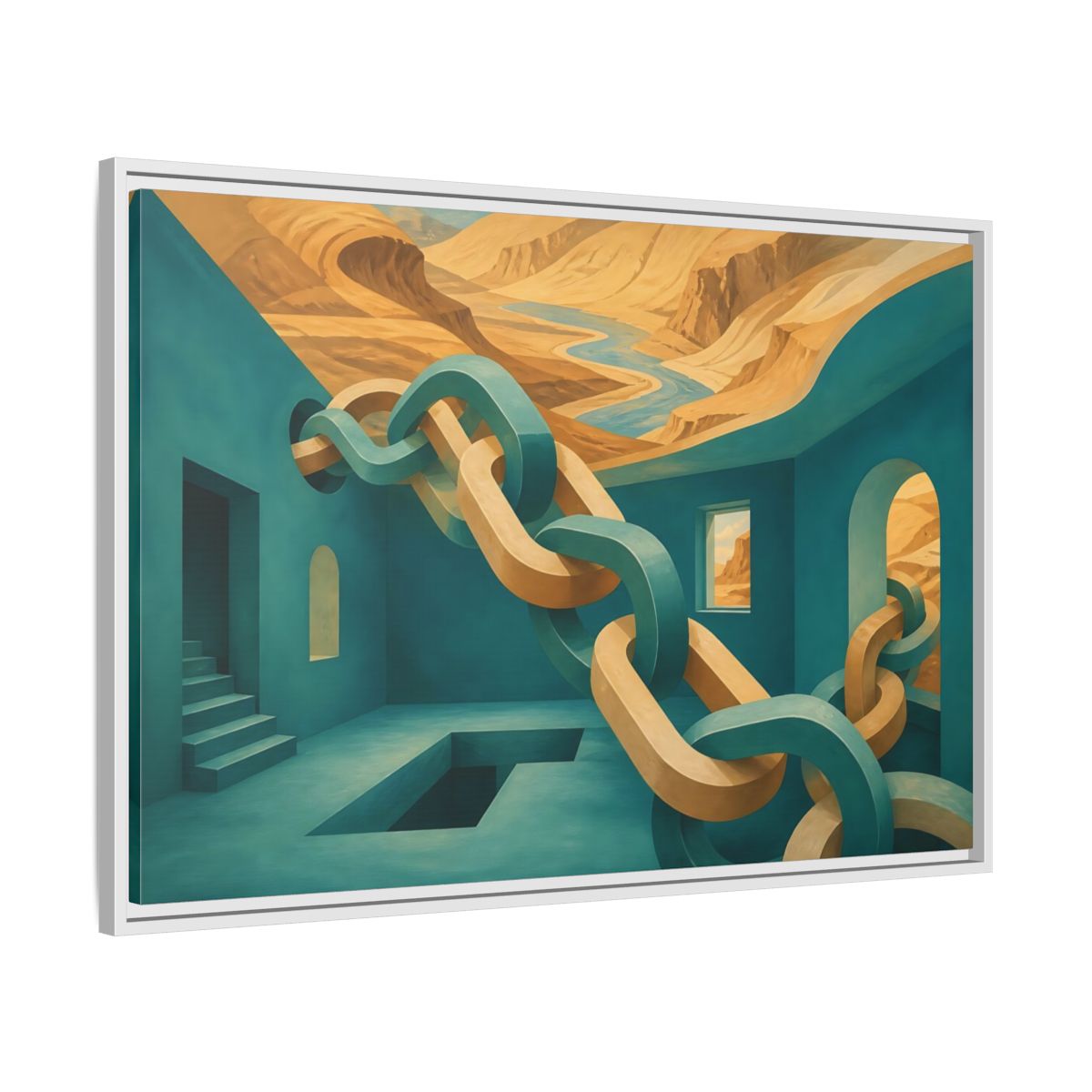 Side Mockup 9. Teal Room Chain Illusion shown as framed canvas print
