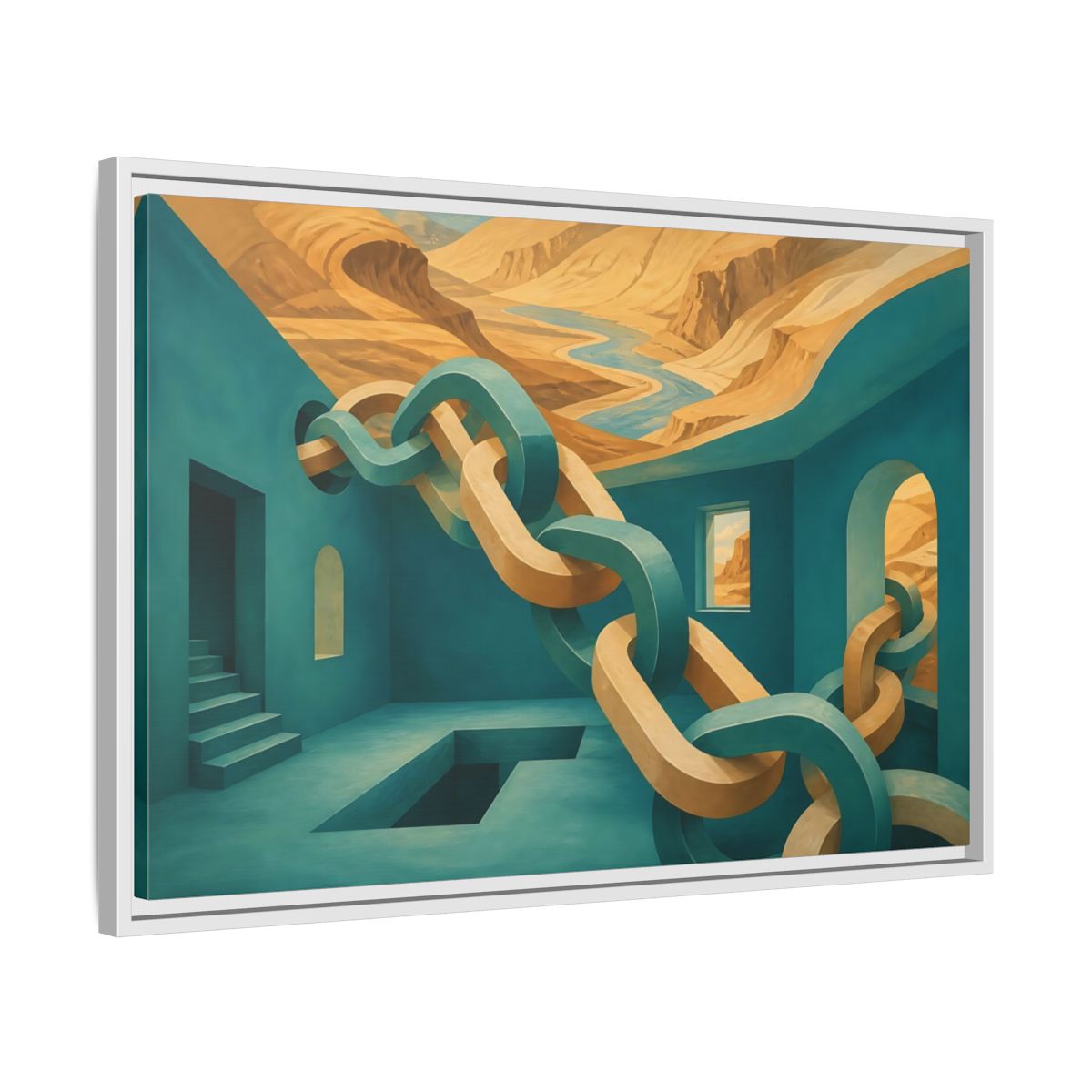 Side Mockup 10. Teal Room Chain Illusion shown as framed canvas print