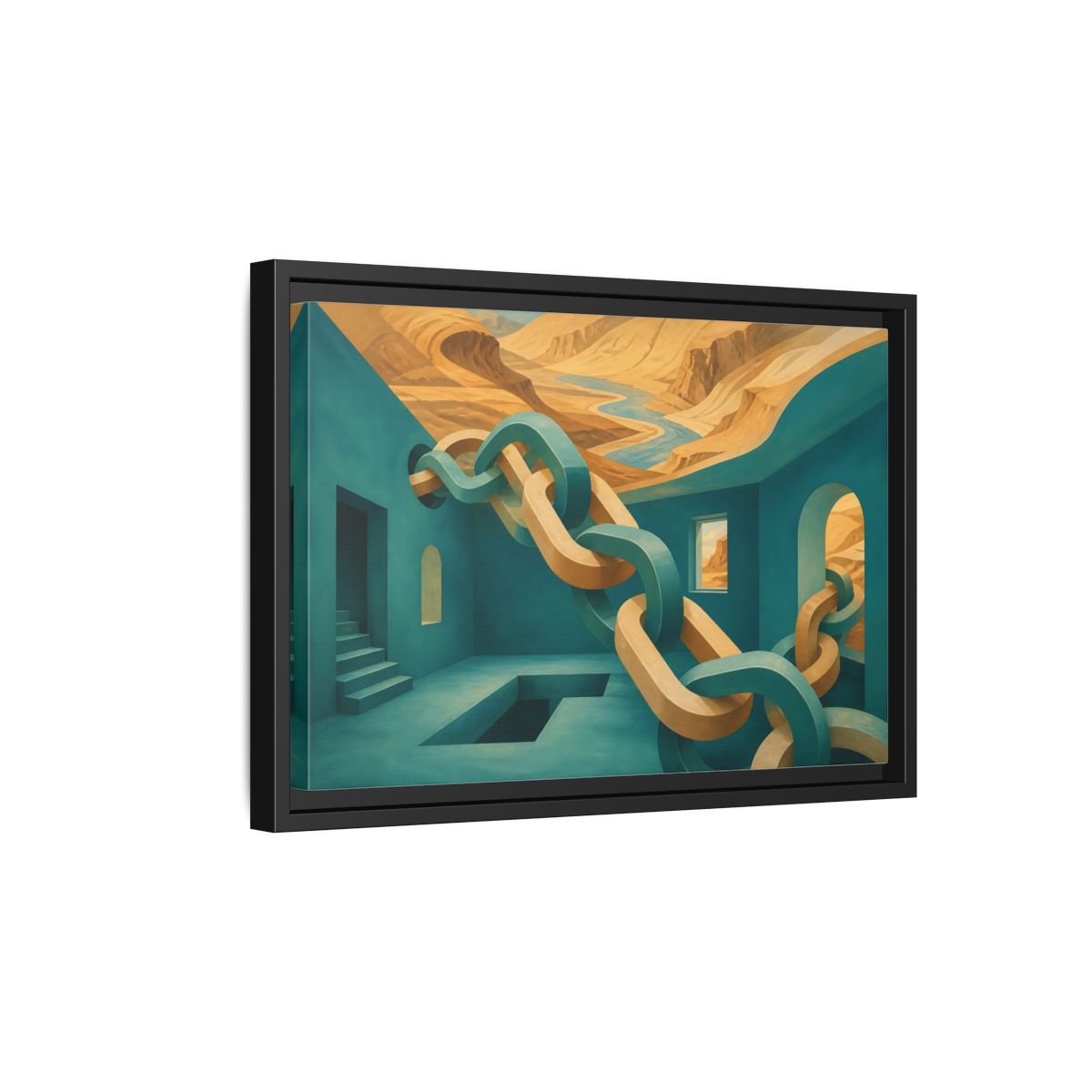 Side Mockup 6. Teal Room Chain Illusion shown as framed canvas print