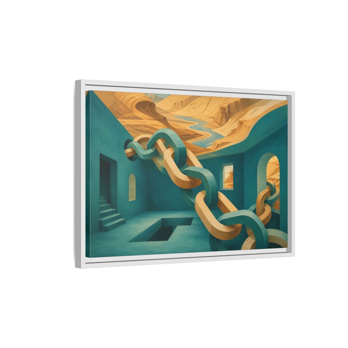 Side Mockup 1. Teal Room Chain Illusion shown as framed canvas print