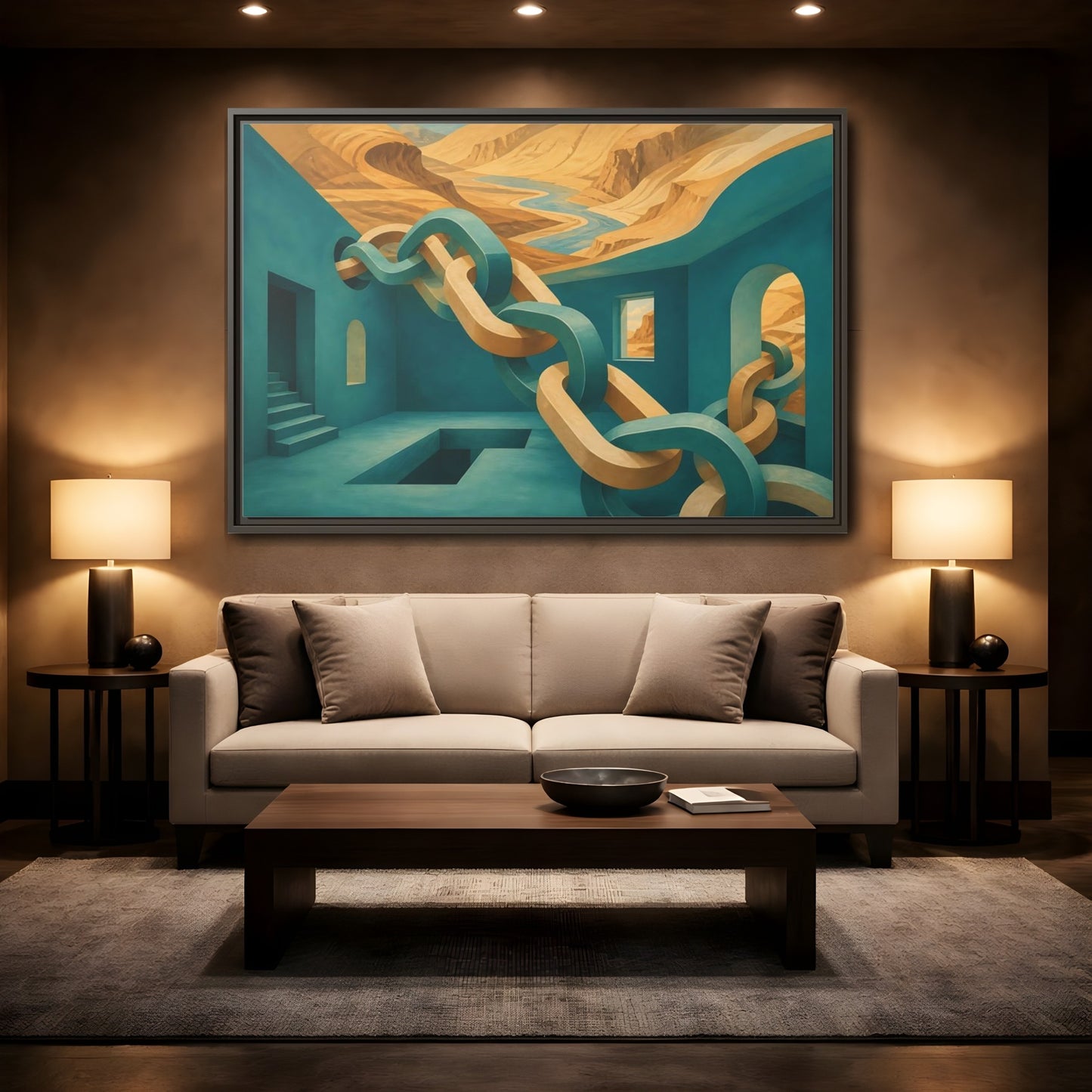 Mockup 2. Teal Room Chain Illusion shown as framed canvas print