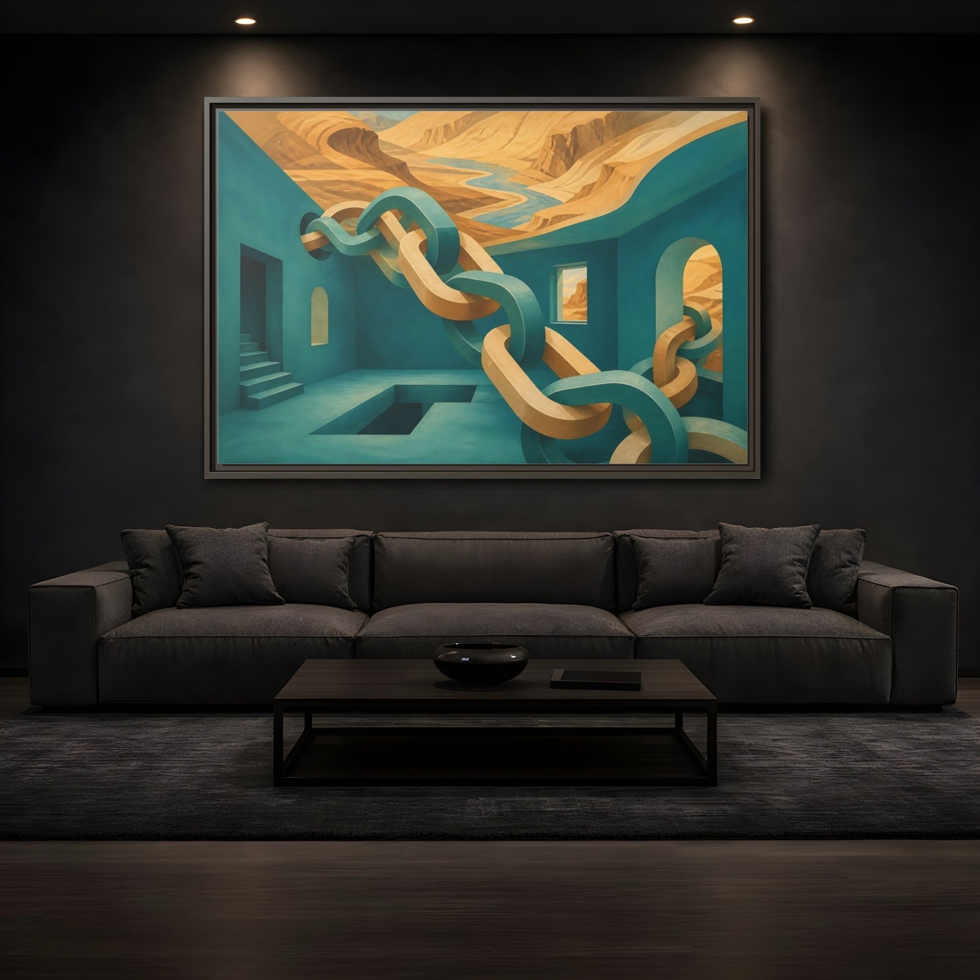 Mockup 3. Teal Room Chain Illusion shown as framed canvas print
