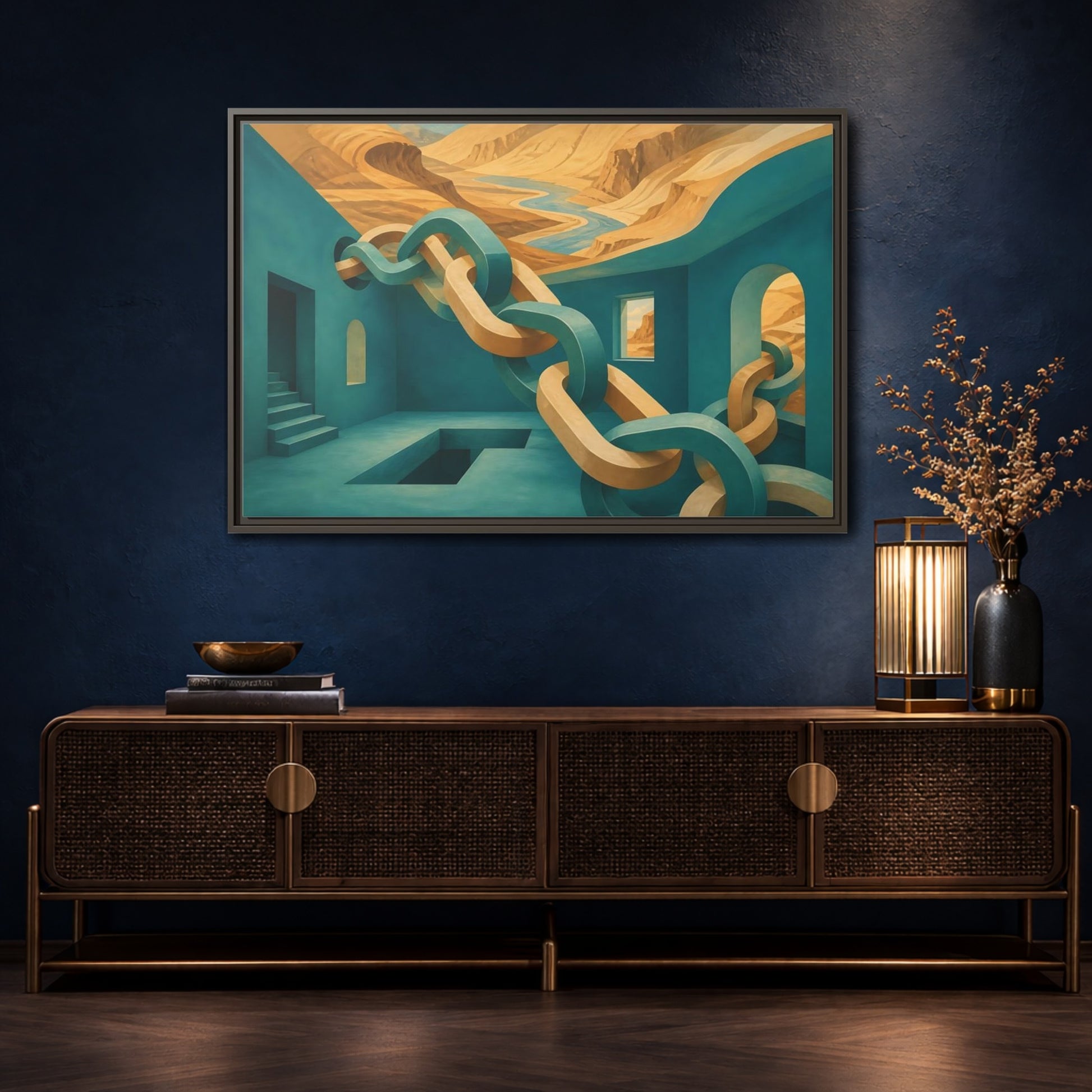 Mockup 4. Teal Room Chain Illusion shown as framed canvas print