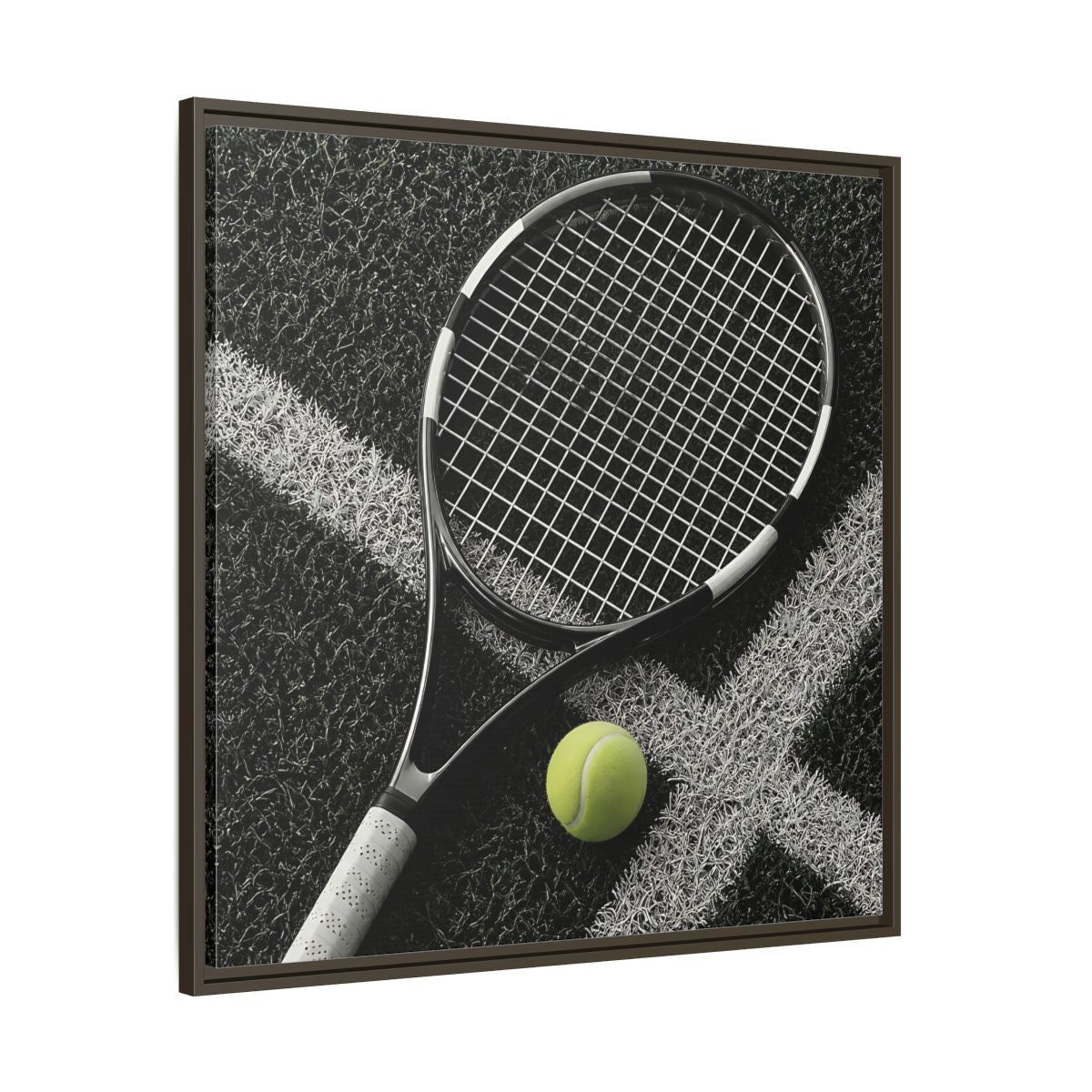 Main Mockup. Tennis Racket & Ball shown as framed canvas print
