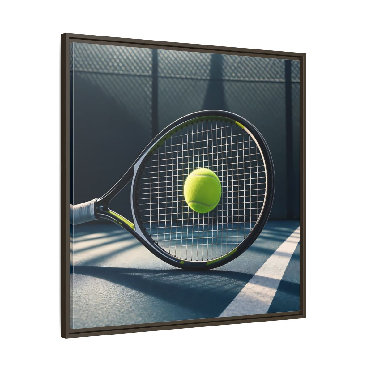 Main Mockup. Tennis Racket & Ball shown as framed canvas print
