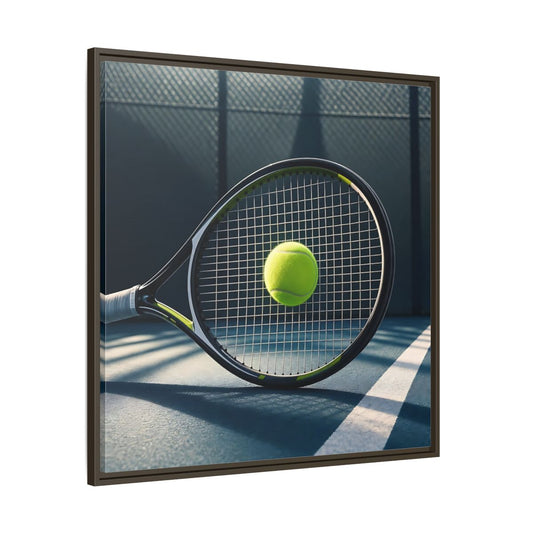Main Mockup. Tennis Racket & Ball shown as framed canvas print