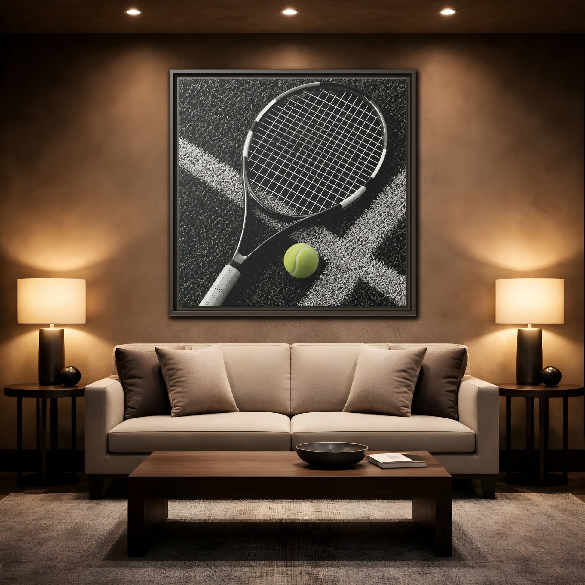 Mockup 2. Tennis Racket & Ball shown as framed canvas print