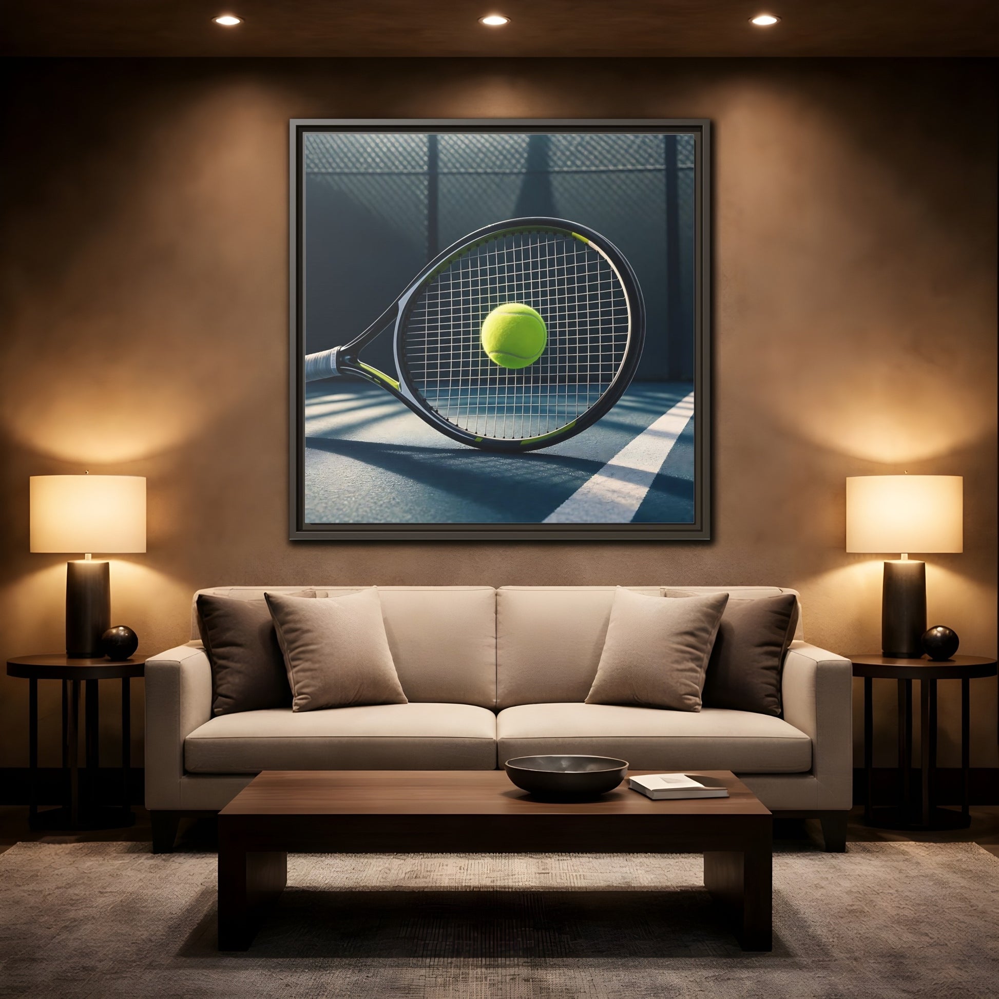 Mockup 2. Tennis Racket & Ball shown as framed canvas print