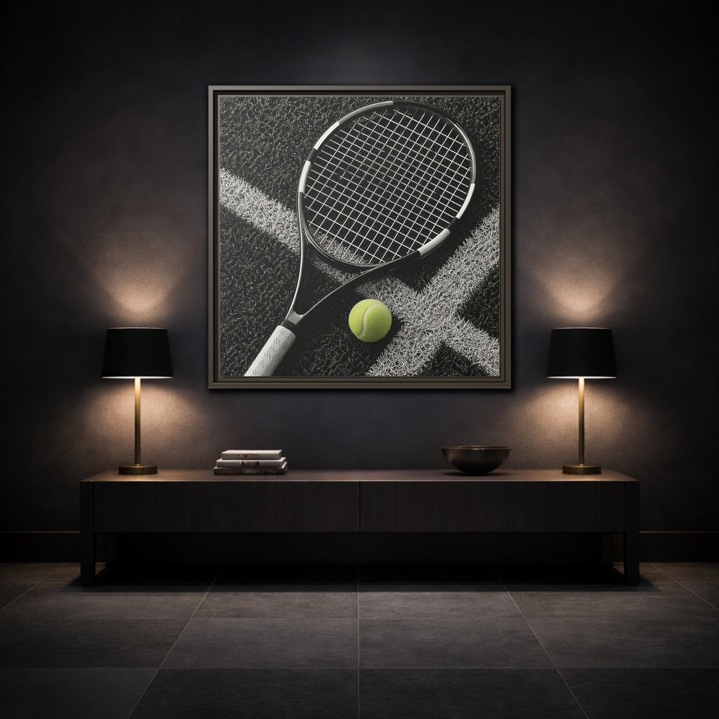 Mockup 3. Tennis Racket & Ball shown as framed canvas print