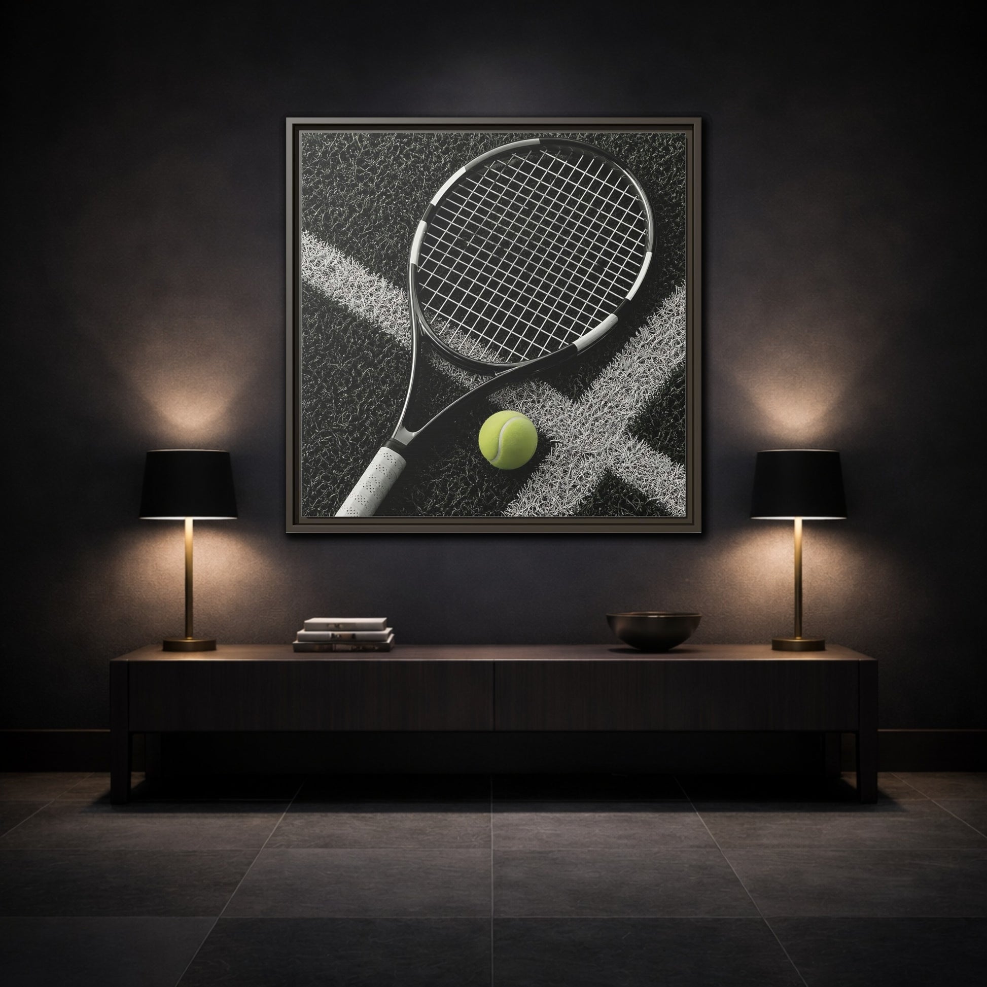 Mockup 3. Tennis Racket & Ball shown as framed canvas print