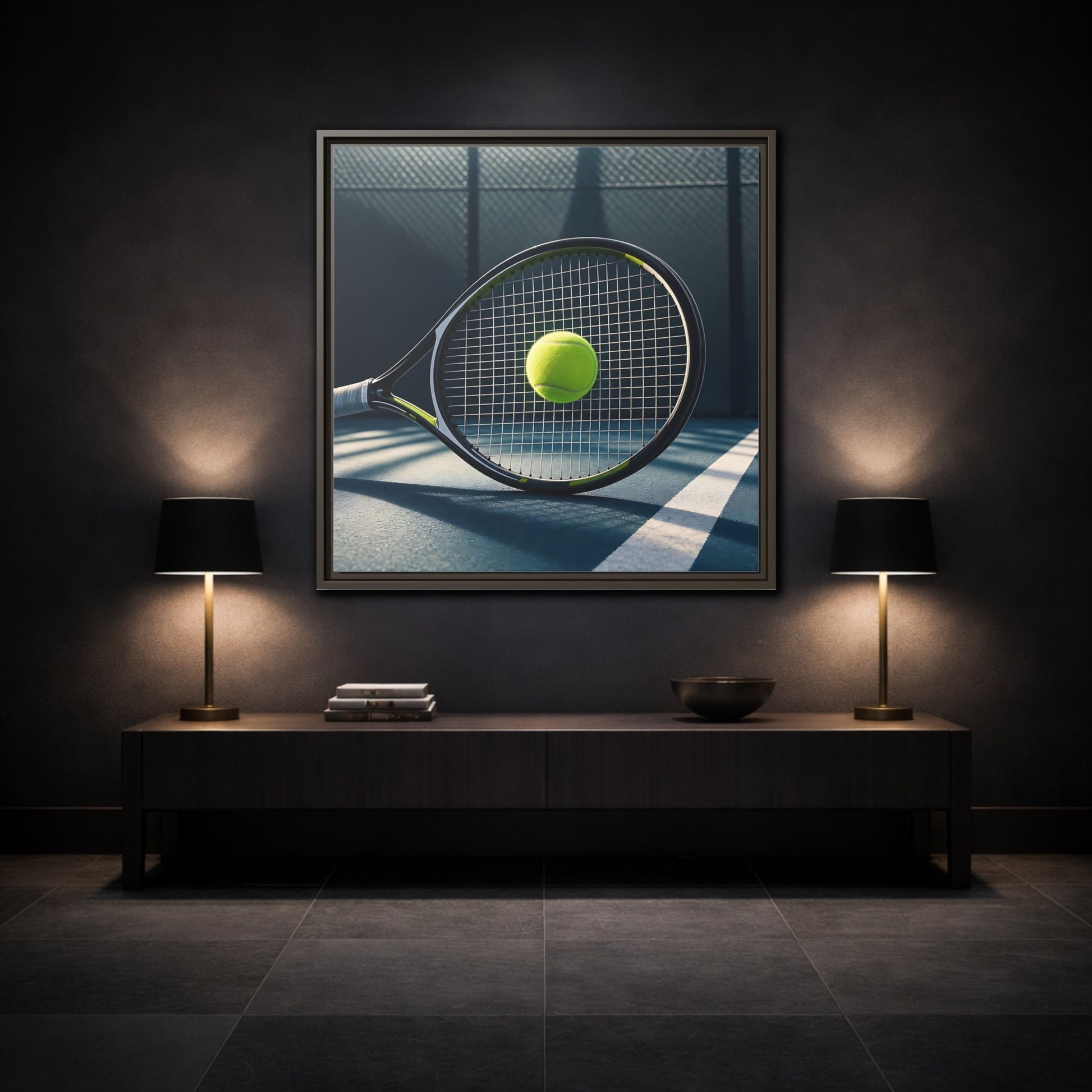 Mockup 3. Tennis Racket & Ball shown as framed canvas print