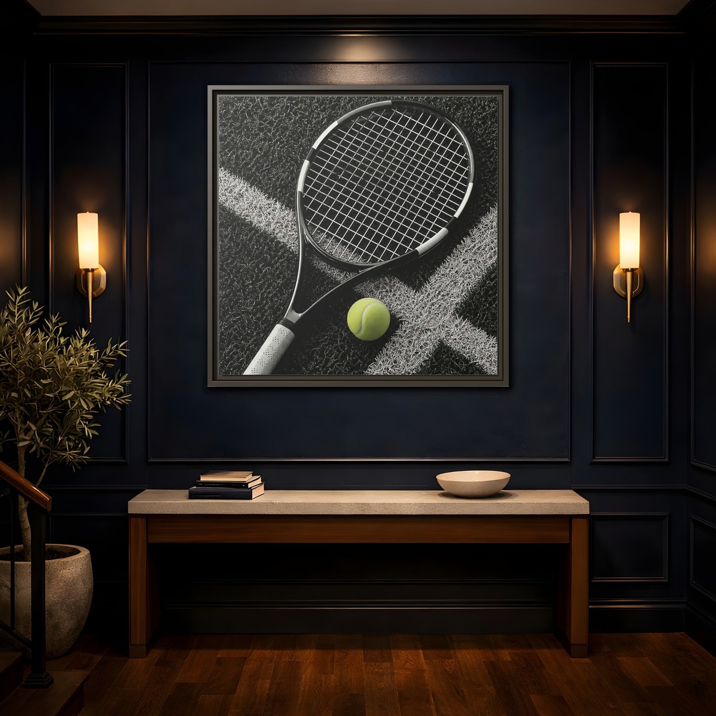 Mockup 4. Tennis Racket & Ball shown as framed canvas print