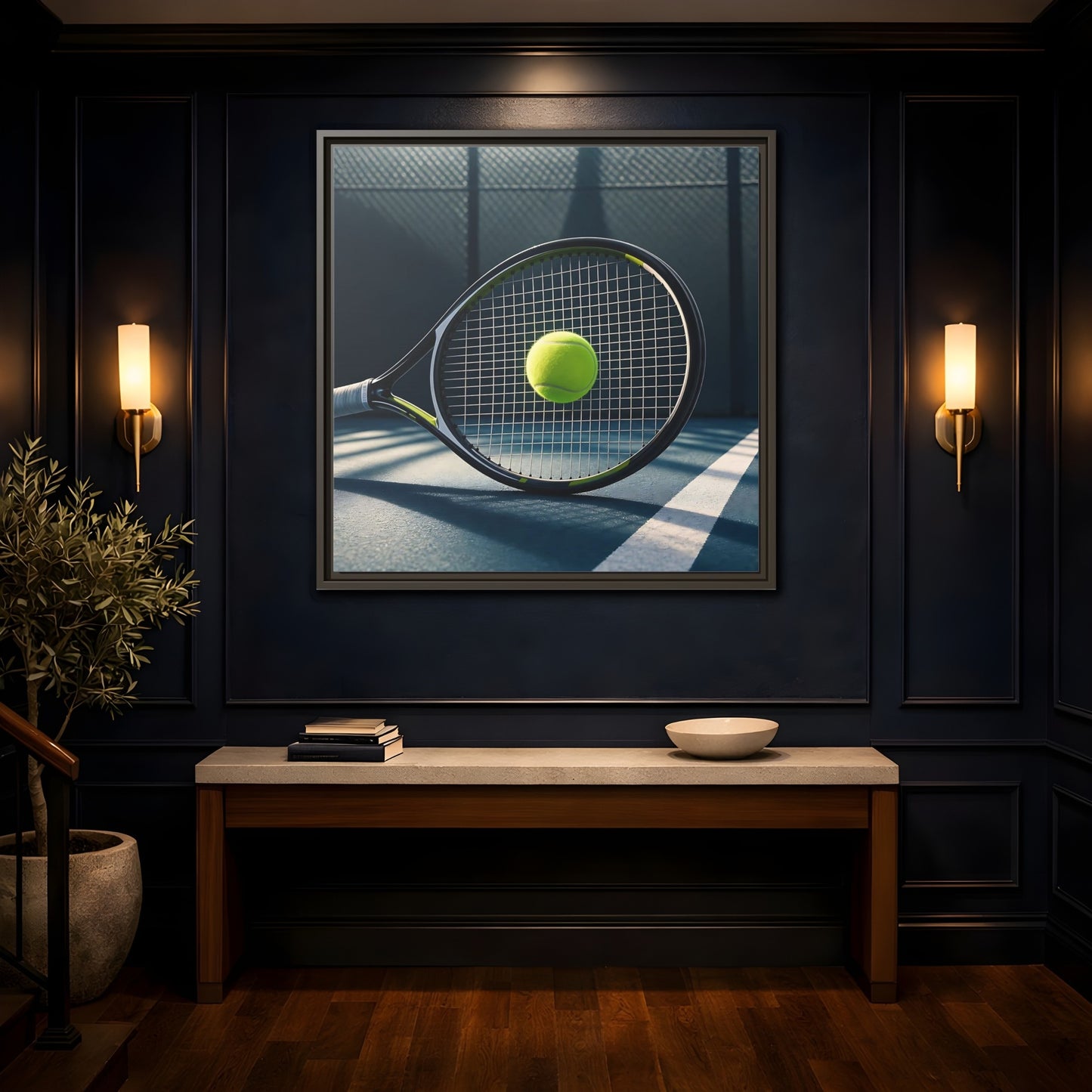 Mockup 4. Tennis Racket & Ball shown as framed canvas print