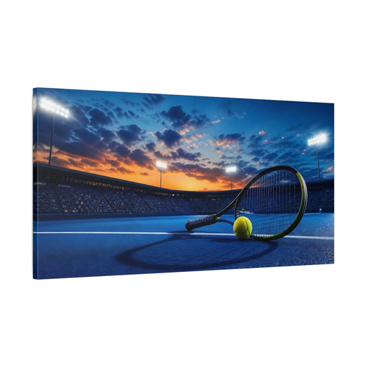 Main Mockup. Tennis Racket At Sunset shown as canvas print