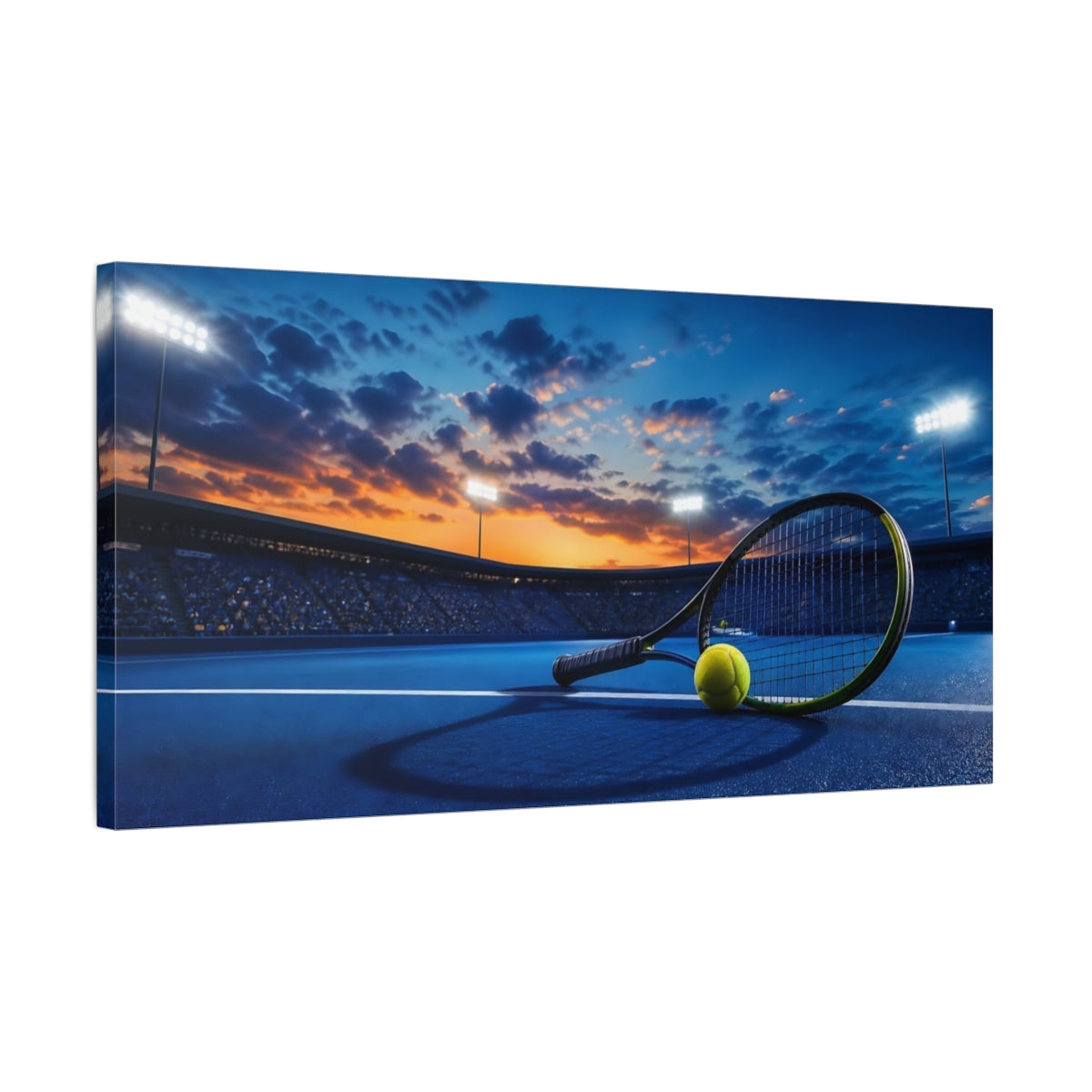 Side Mockup 1. Tennis Racket At Sunset shown as canvas print