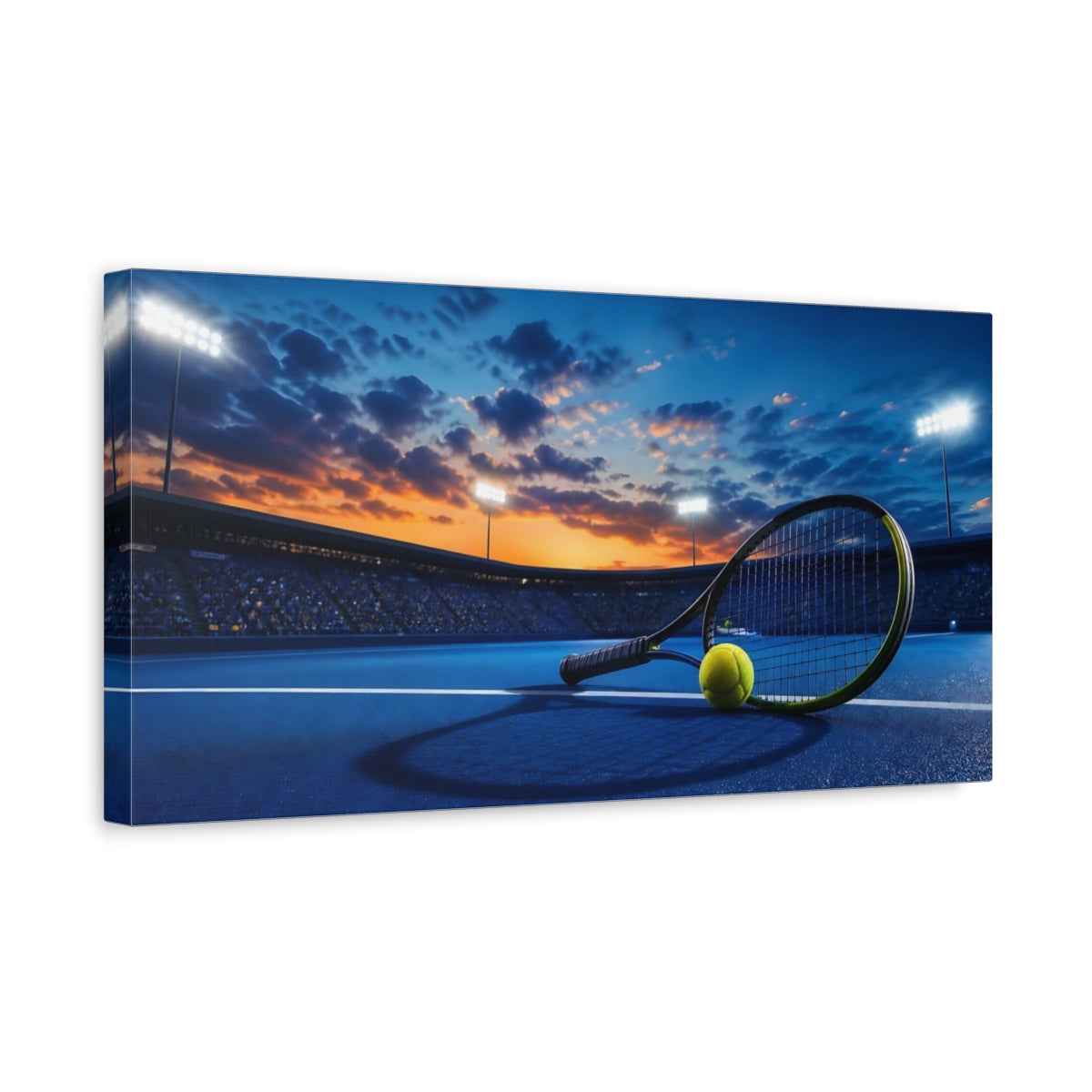 Side Mockup 3. Tennis Racket At Sunset shown as canvas print