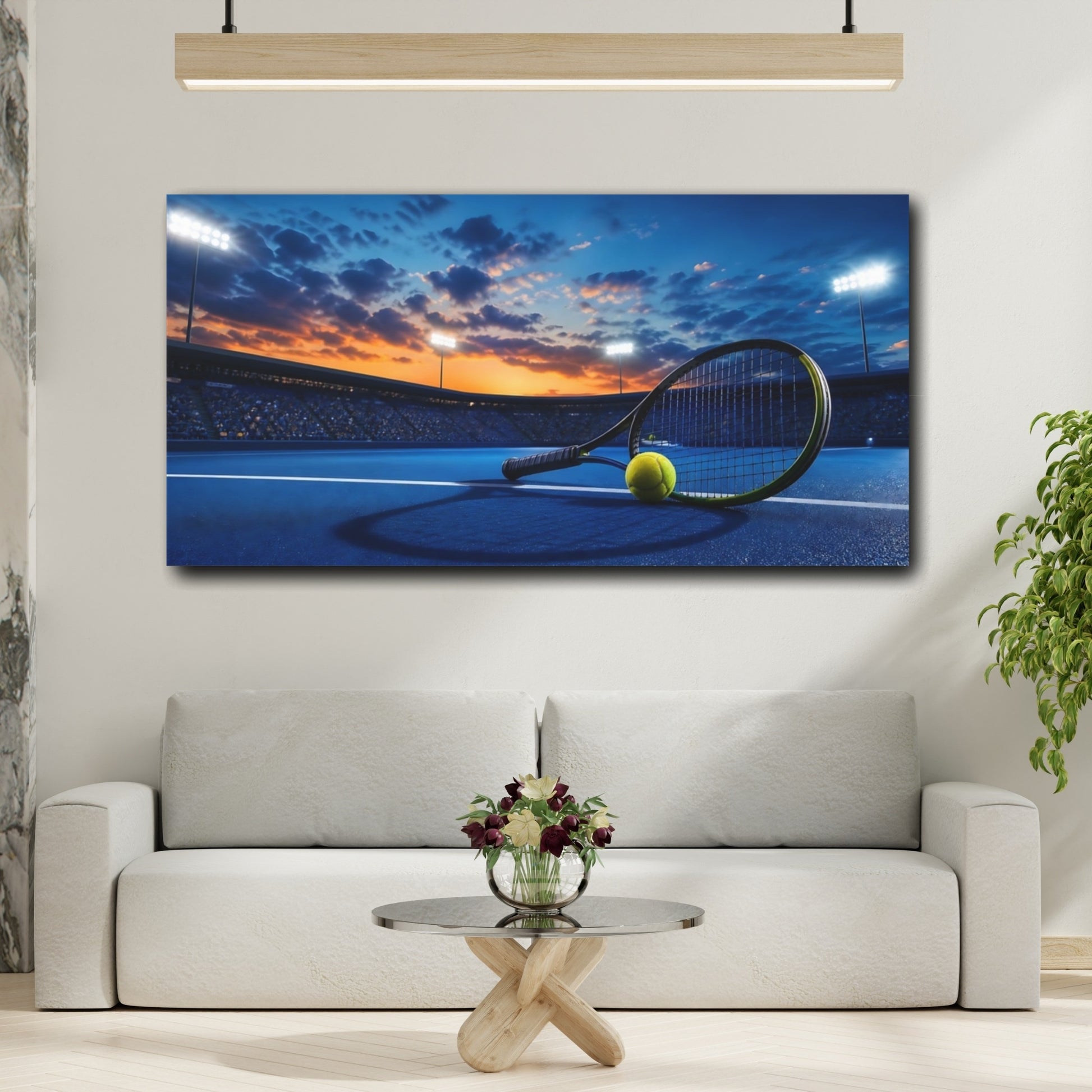 Mockup 2. Tennis Racket At Sunset shown as canvas print