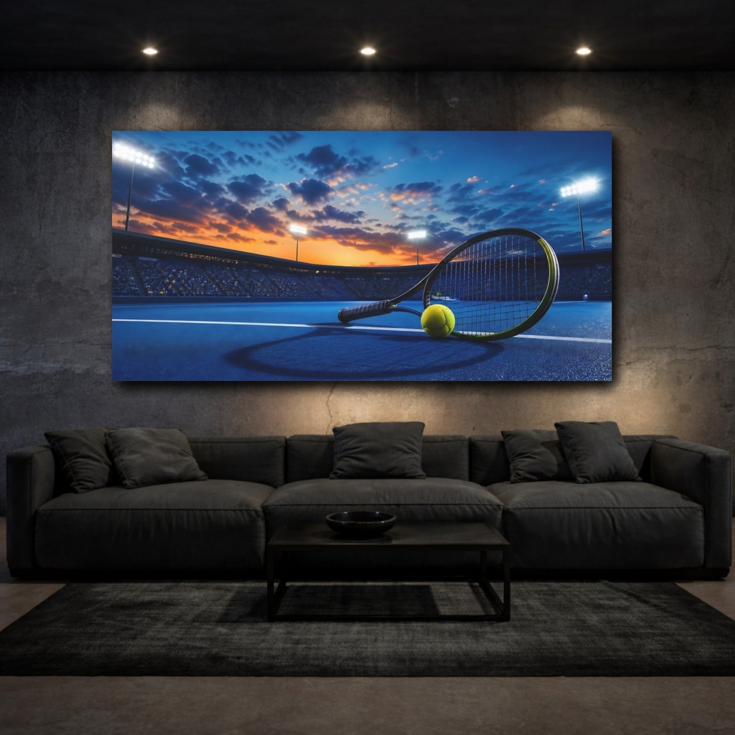 Mockup 3. Tennis Racket At Sunset shown as canvas print