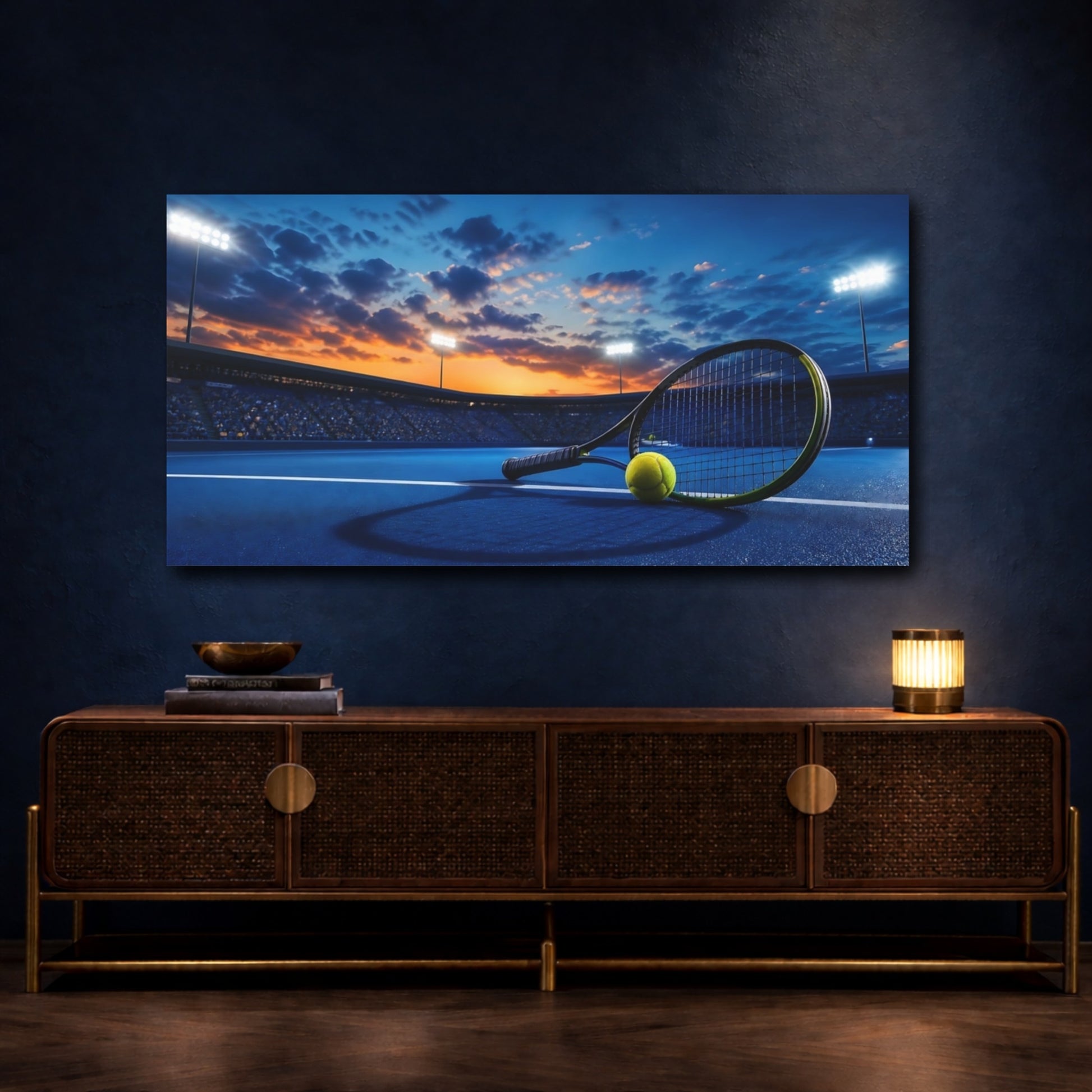 Mockup 4. Tennis Racket At Sunset shown as canvas print