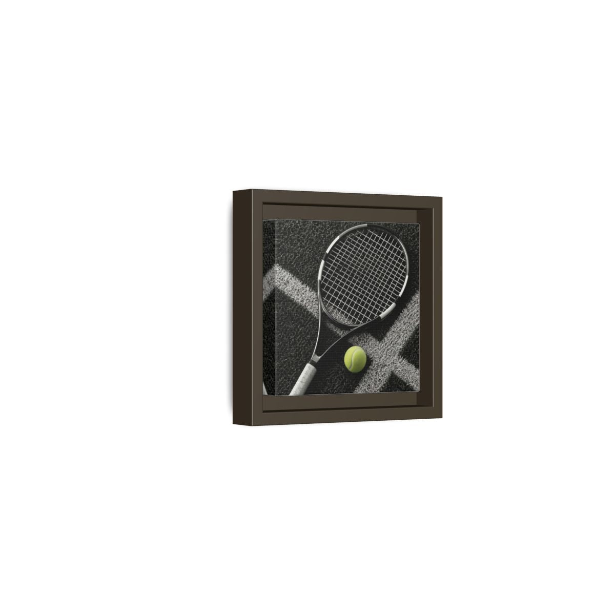 Side Mockup 23. Tennis Racket & Ball shown as framed canvas print