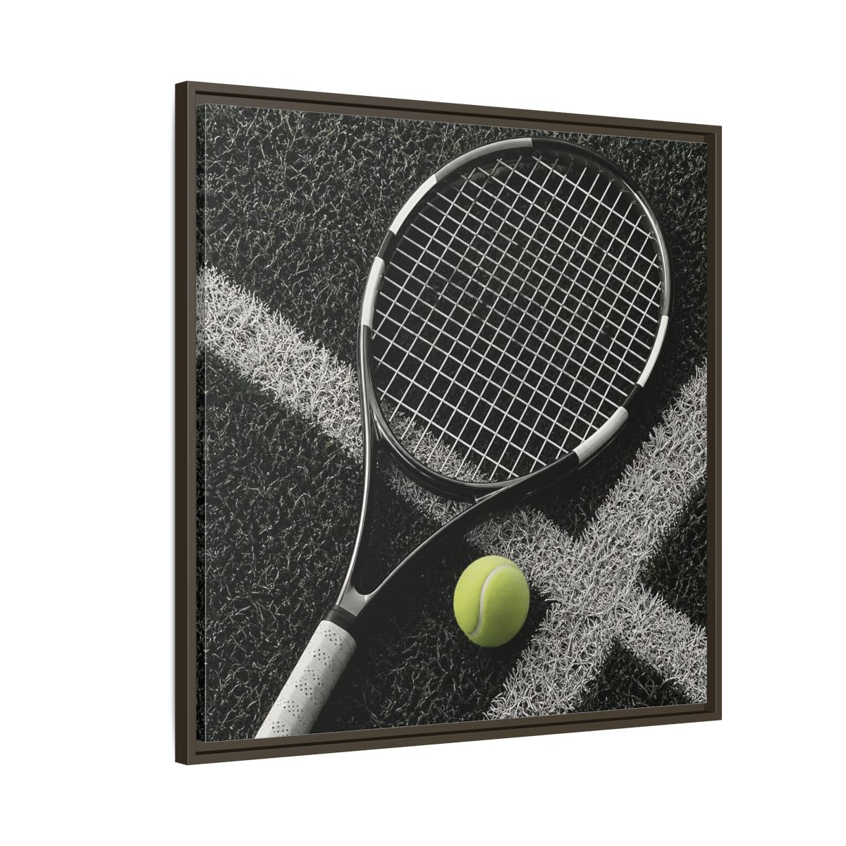 Side Mockup 8. Tennis Racket & Ball shown as framed canvas print