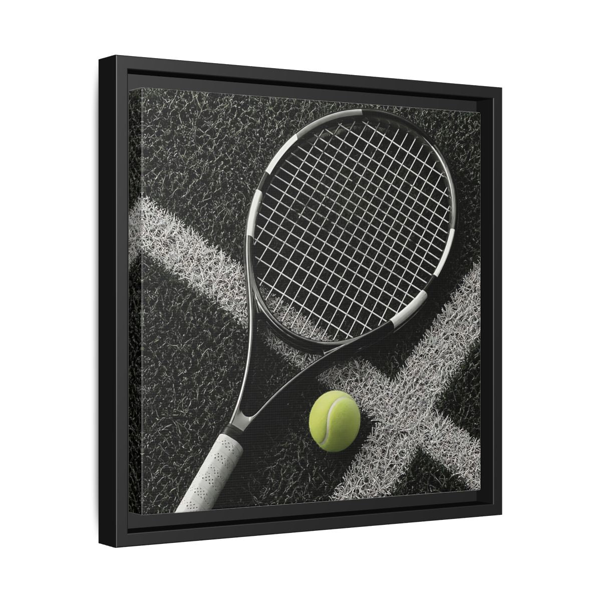 Side Mockup 32. Tennis Racket & Ball shown as framed canvas print