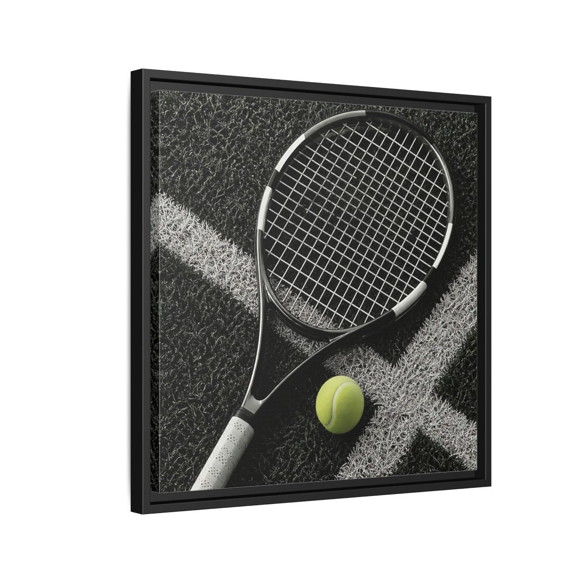 Side Mockup 12. Tennis Racket & Ball shown as framed canvas print