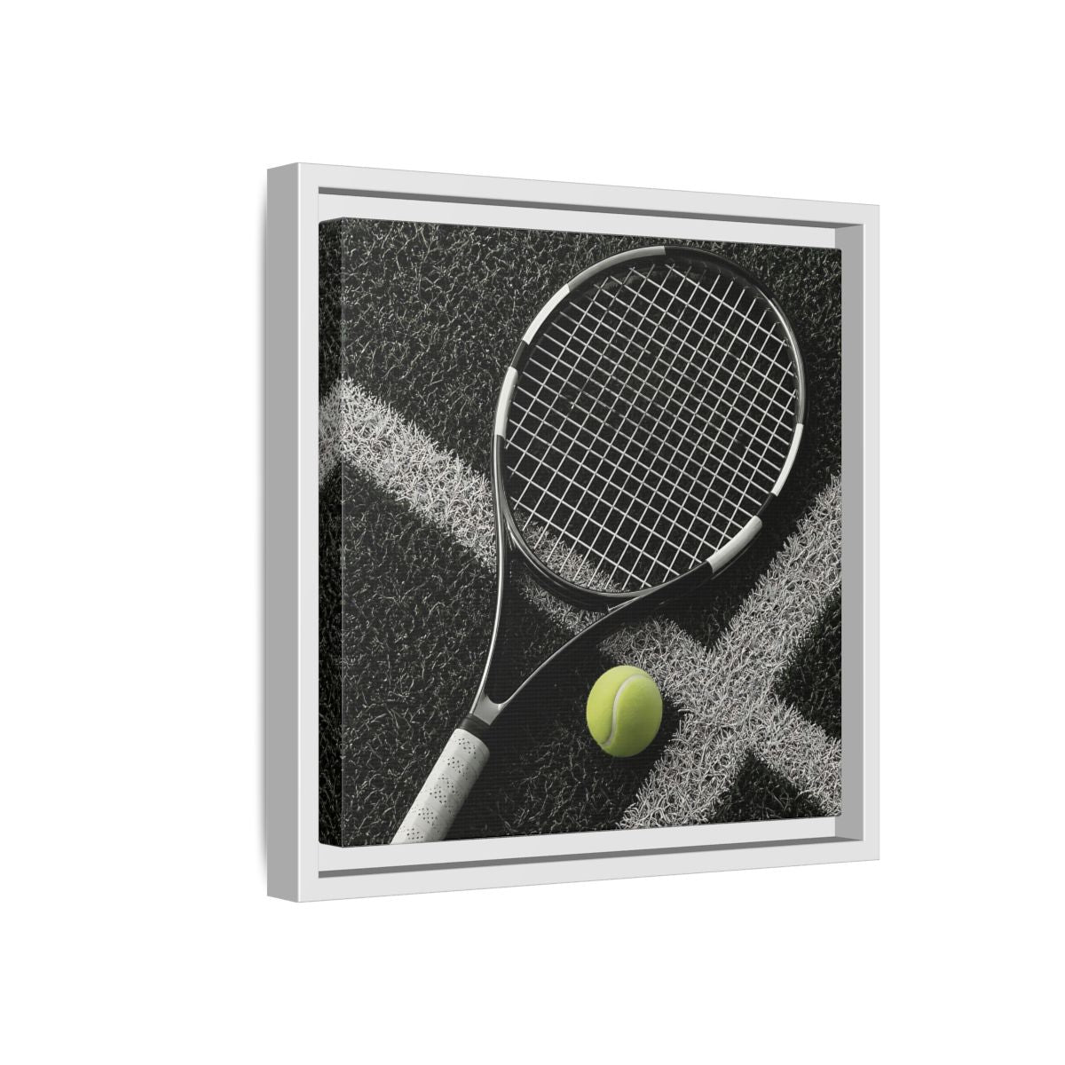 Side Mockup 16. Tennis Racket & Ball shown as framed canvas print