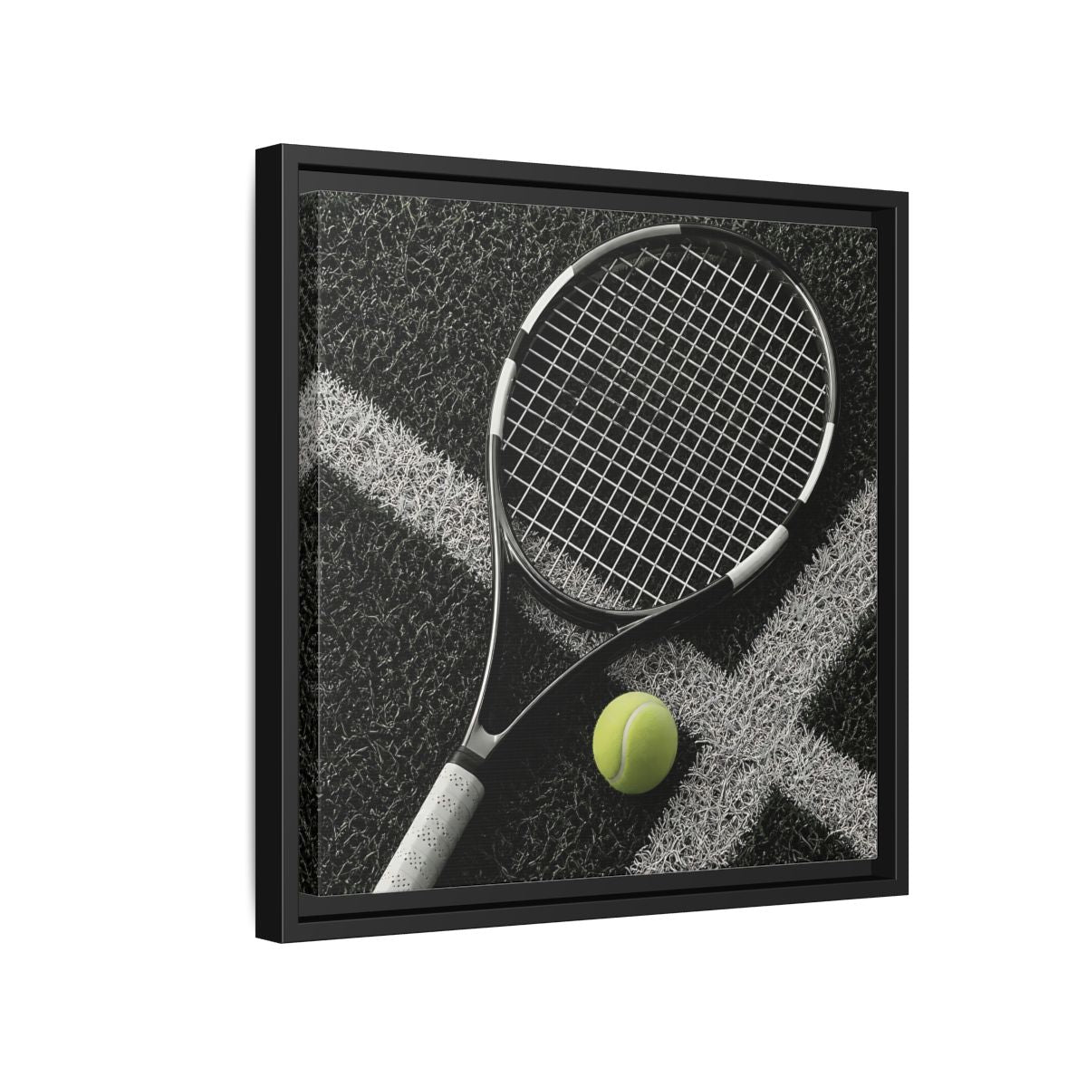 Side Mockup 15. Tennis Racket & Ball shown as framed canvas print