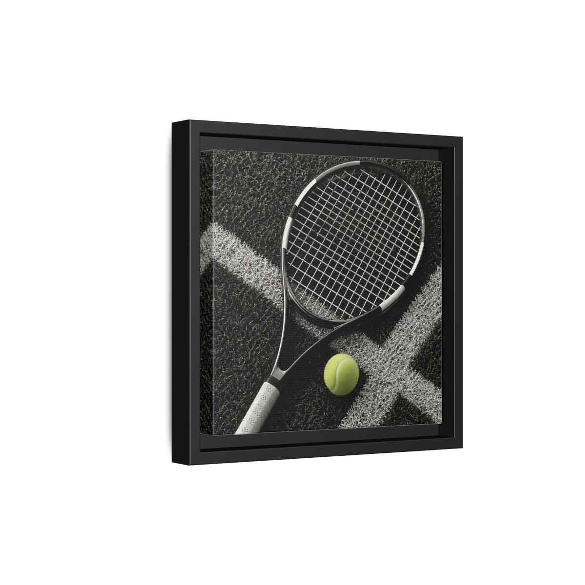 Side Mockup 21. Tennis Racket & Ball shown as framed canvas print