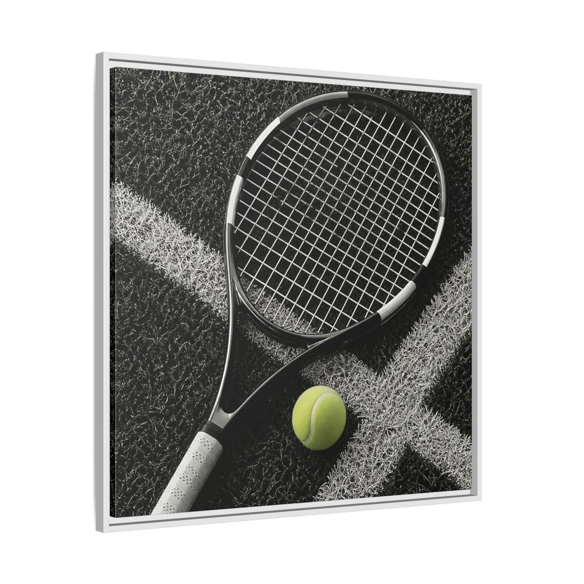 Side Mockup 25. Tennis Racket & Ball shown as framed canvas print