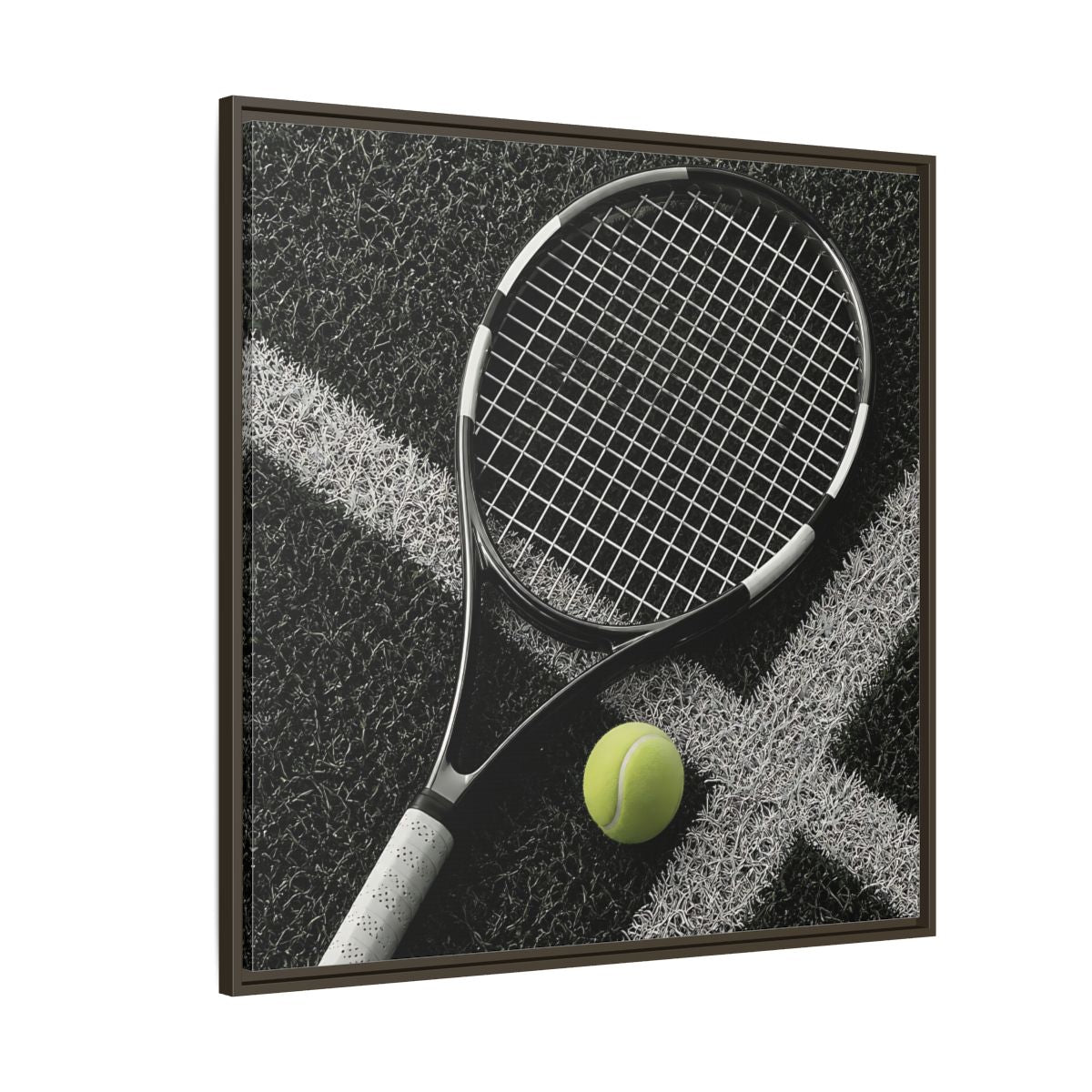 Side Mockup 5. Tennis Racket & Ball shown as framed canvas print