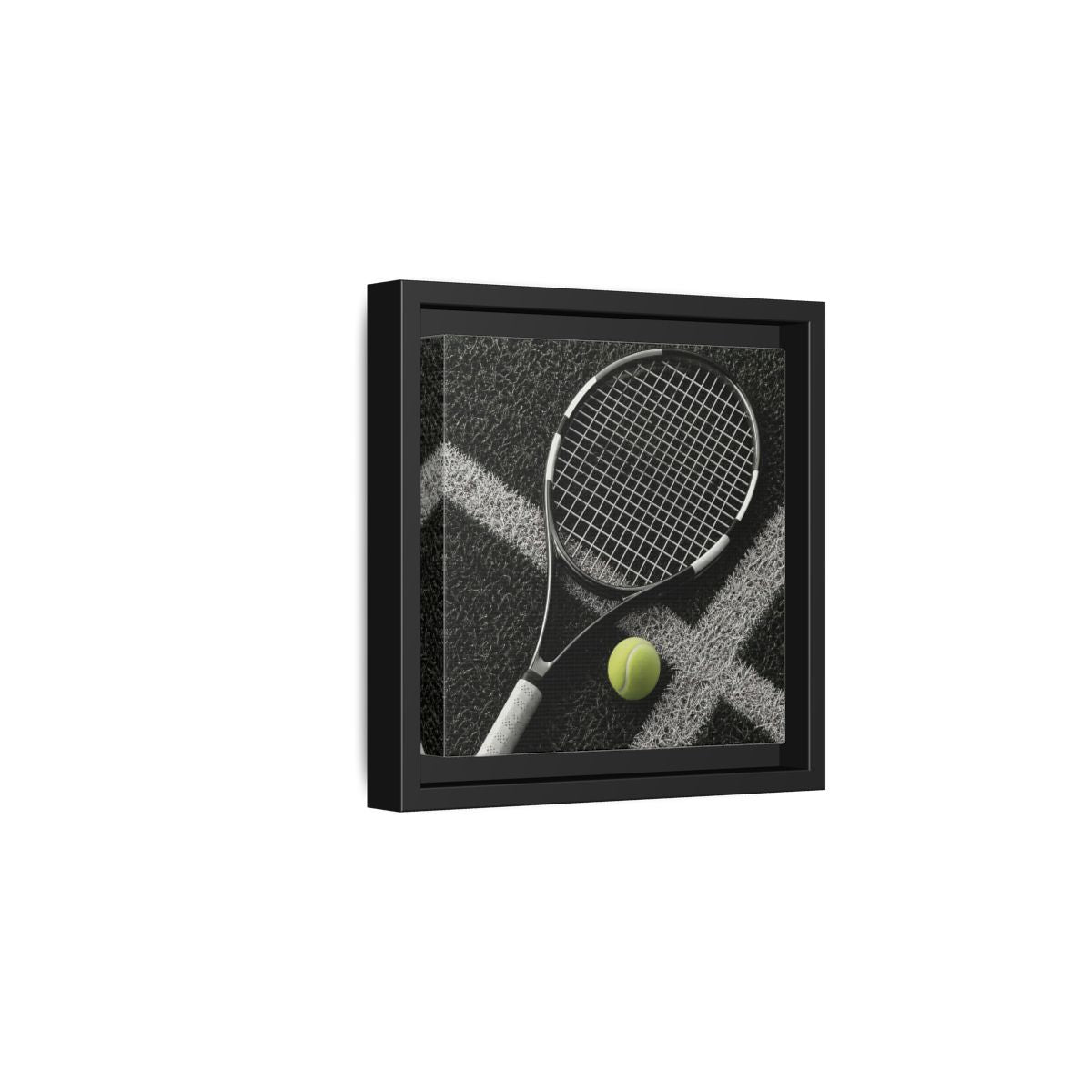Side Mockup 3. Tennis Racket & Ball shown as framed canvas print