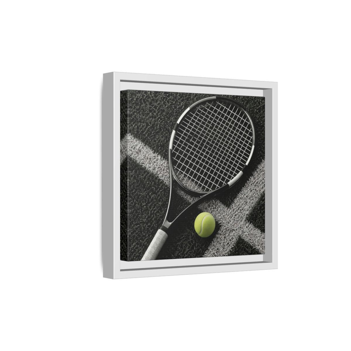 Side Mockup 19. Tennis Racket & Ball shown as framed canvas print