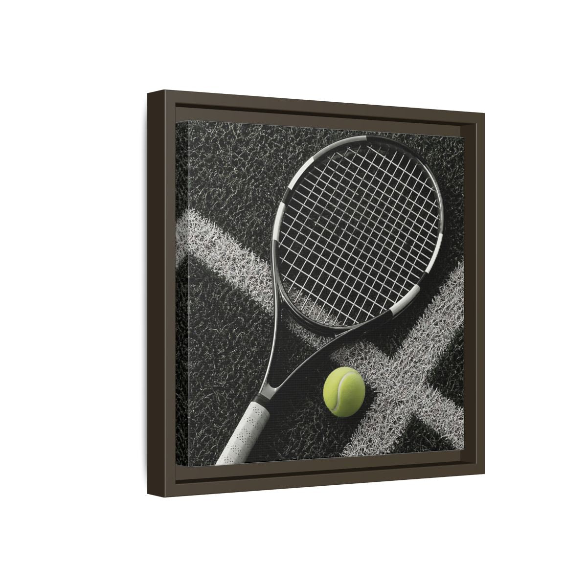 Side Mockup 17. Tennis Racket & Ball shown as framed canvas print