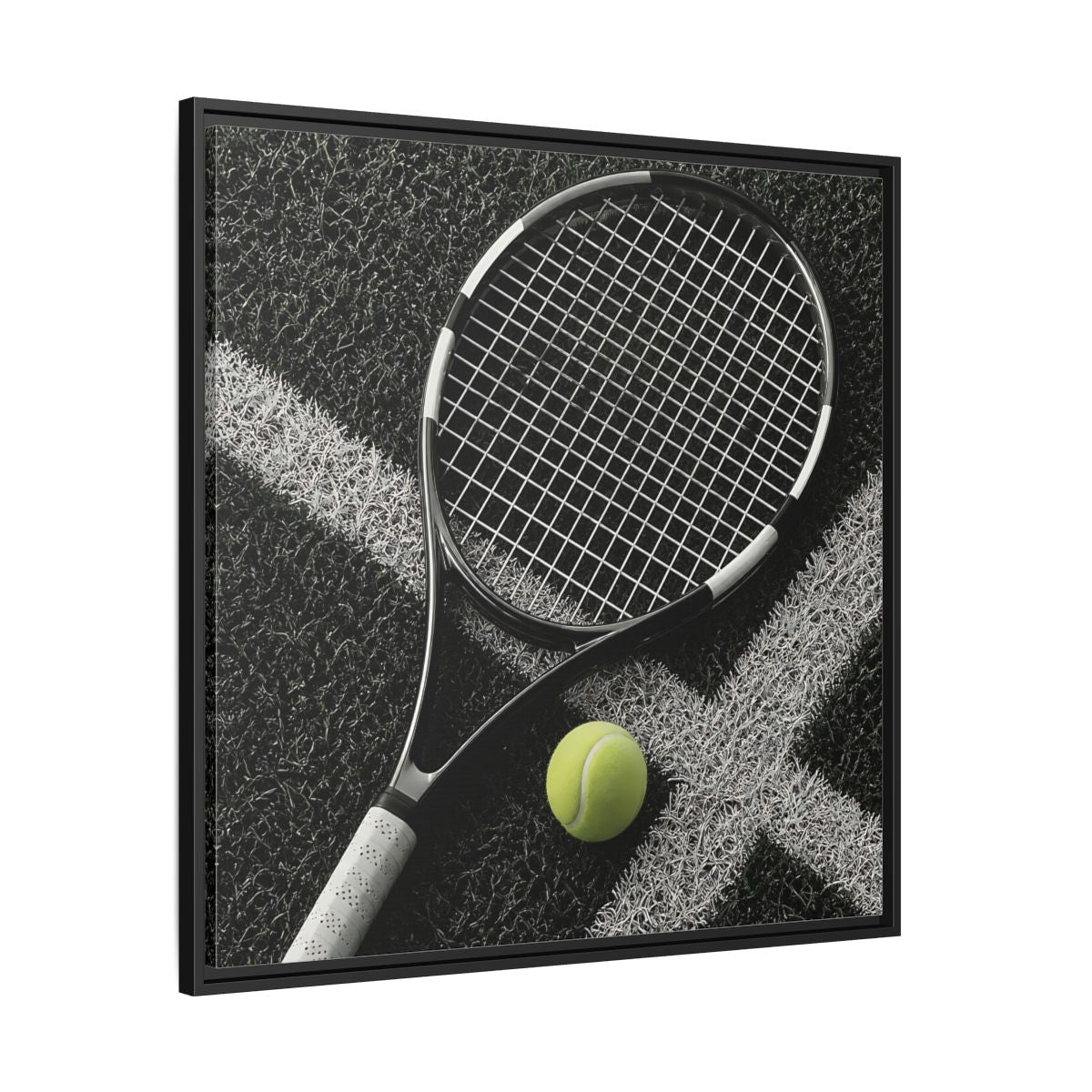 Side Mockup 30. Tennis Racket & Ball shown as framed canvas print