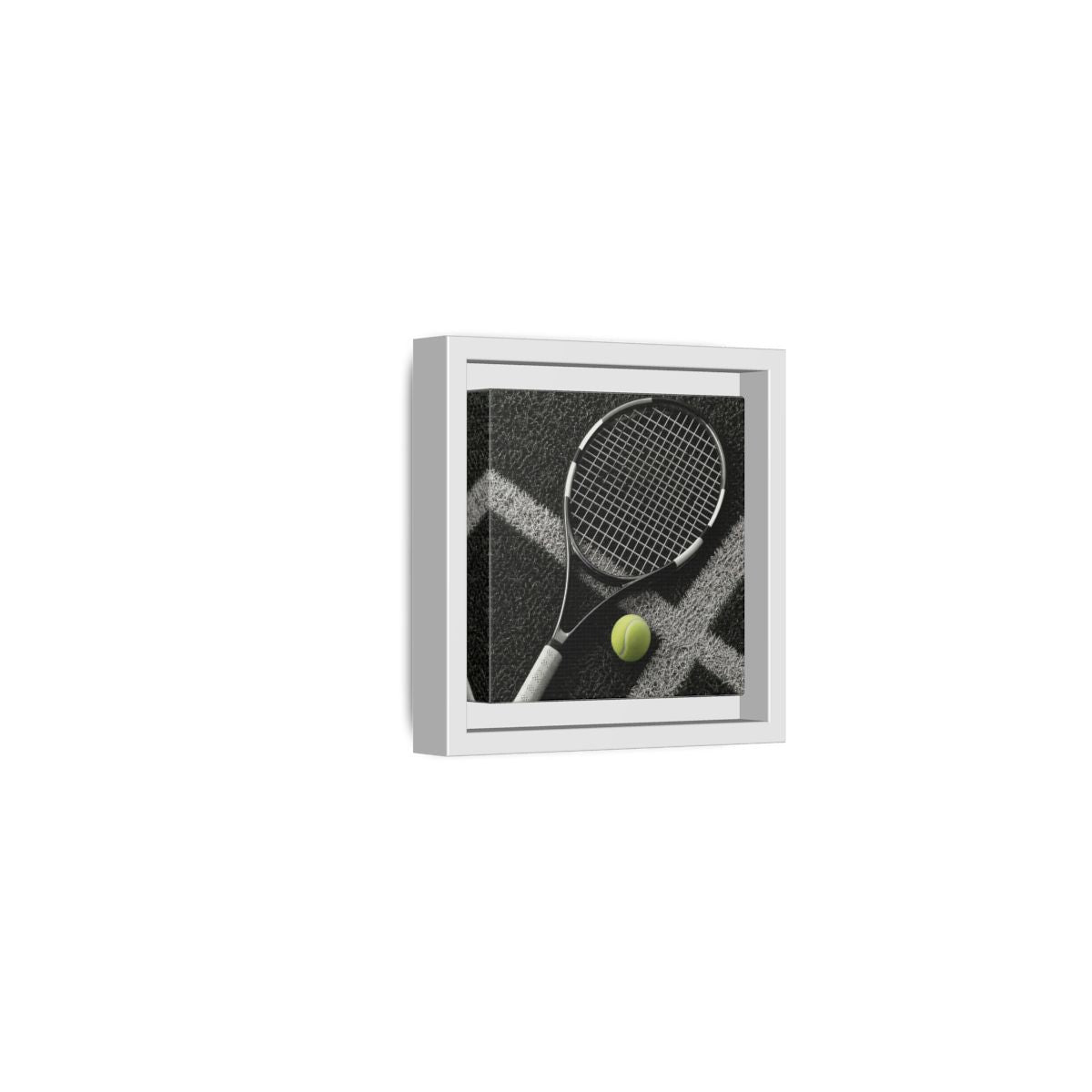 Side Mockup 22. Tennis Racket & Ball shown as framed canvas print