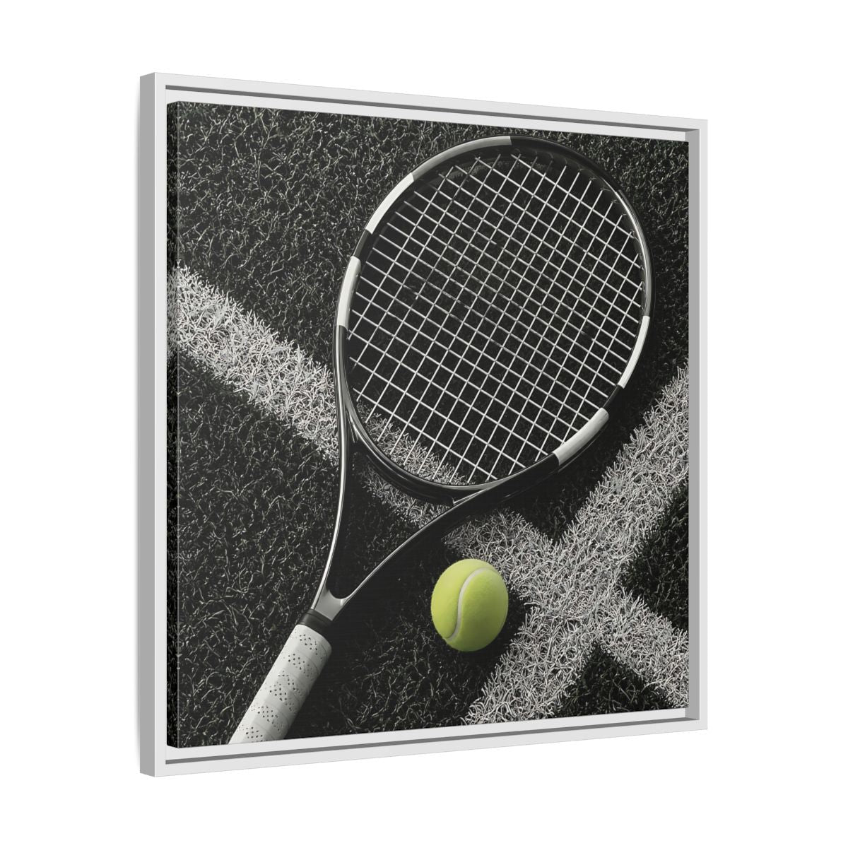 Side Mockup 26. Tennis Racket & Ball shown as framed canvas print