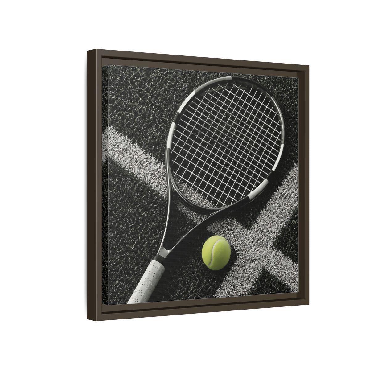 Side Mockup 14. Tennis Racket & Ball shown as framed canvas print