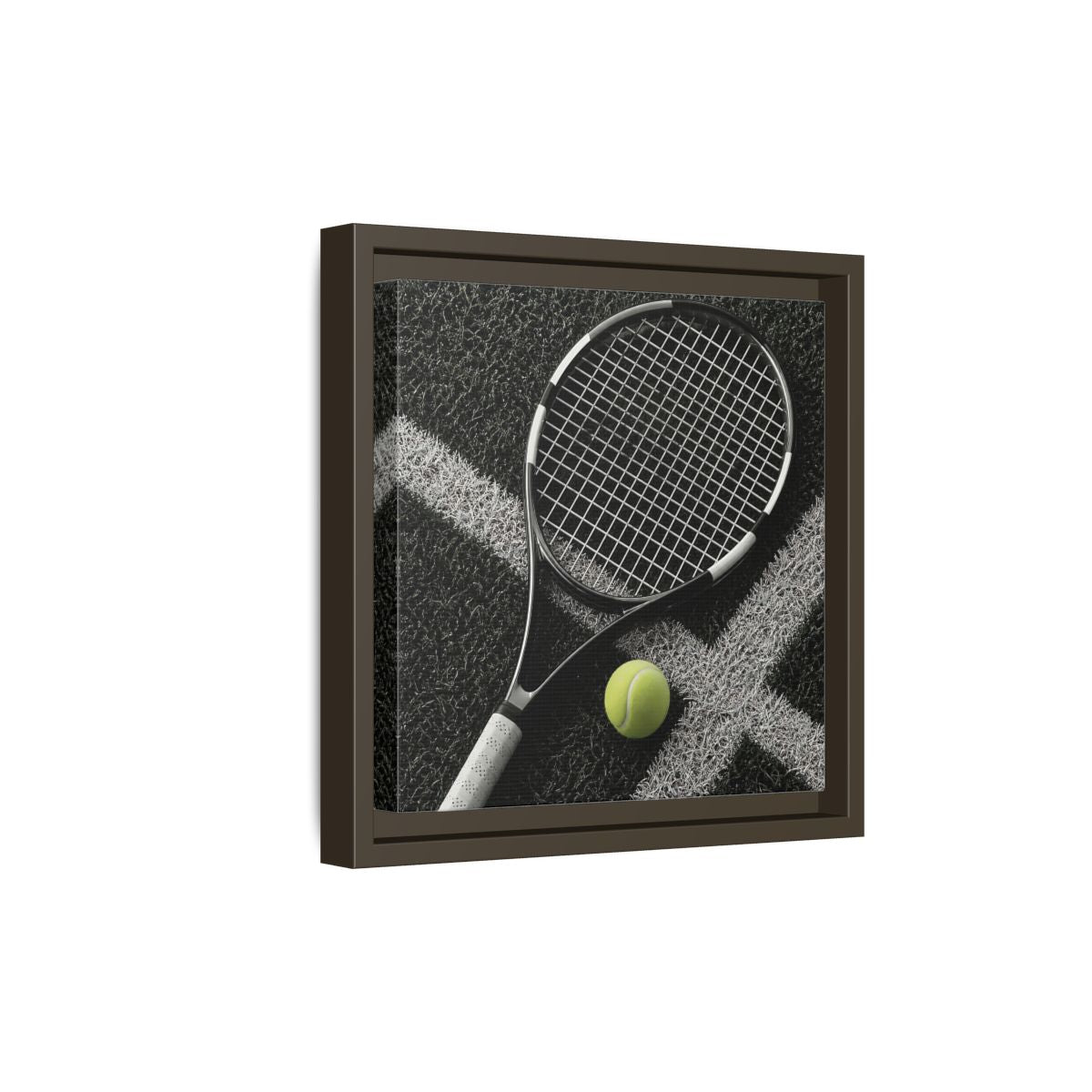 Side Mockup 20. Tennis Racket & Ball shown as framed canvas print