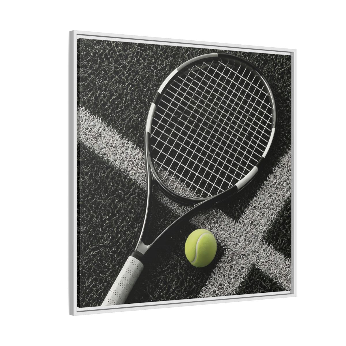 Side Mockup 4. Tennis Racket & Ball shown as framed canvas print