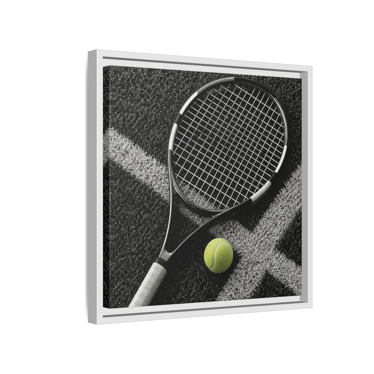 Side Mockup 13. Tennis Racket & Ball shown as framed canvas print