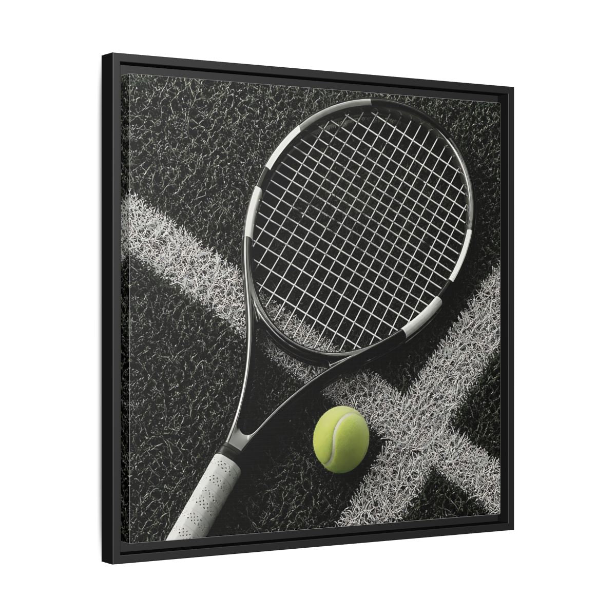 Side Mockup 31. Tennis Racket & Ball shown as framed canvas print